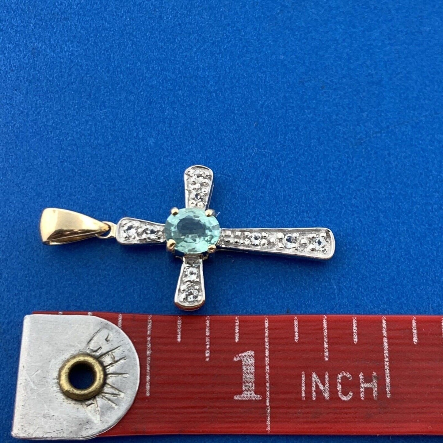 Designer 14K Yellow Gold Blue Tourmaline Diamond Accented Cross Pendant
