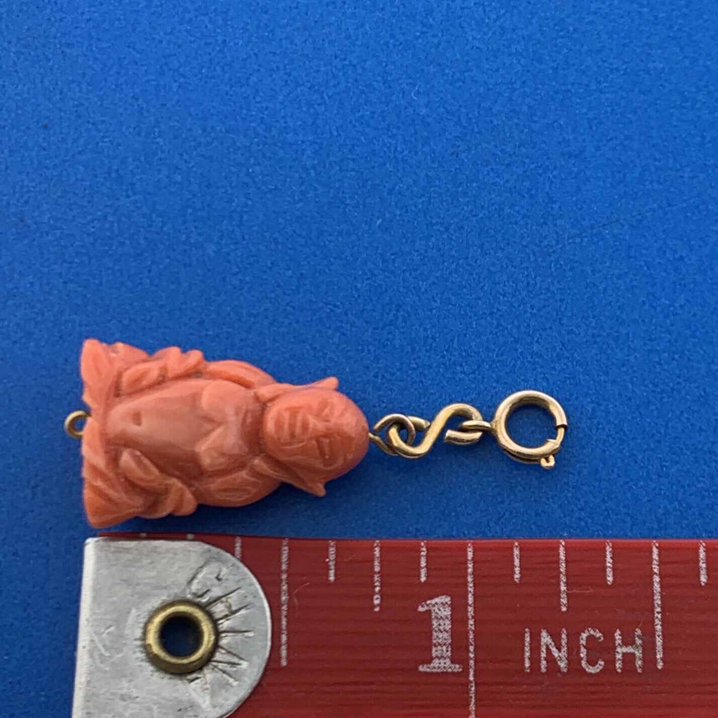 Gorgeous 10k Yellow Gold Carved Coral Meditation Praying Monk Dangle Pendant