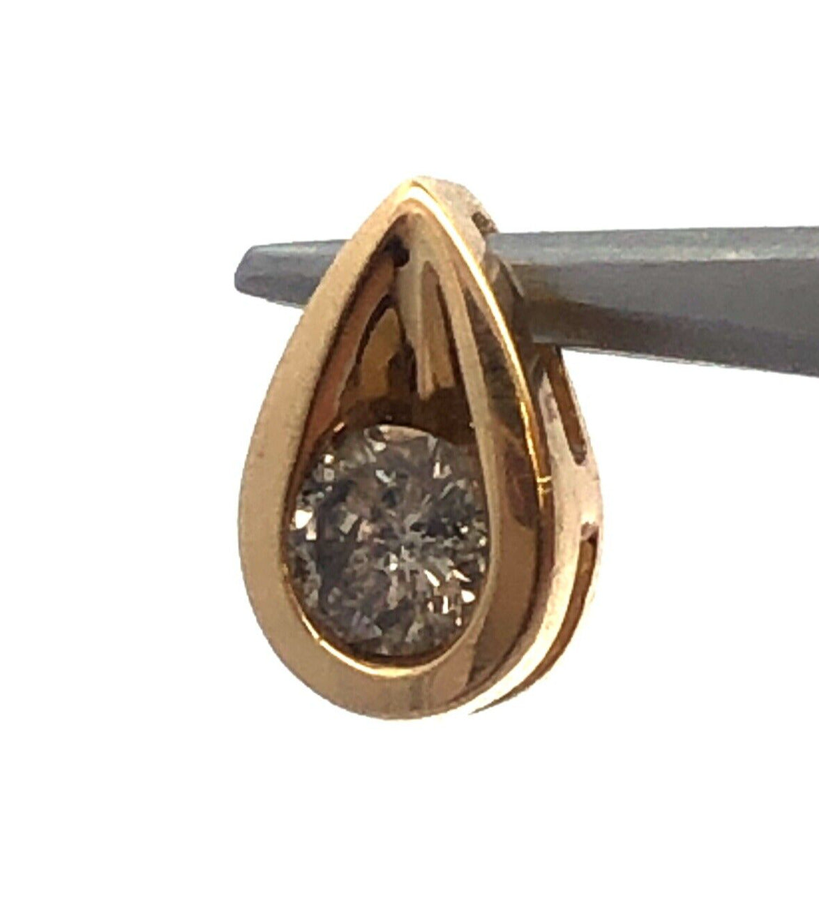 Designer 14K Yellow Gold Round Diamond Solitaire Teardrop Modernist Pendant