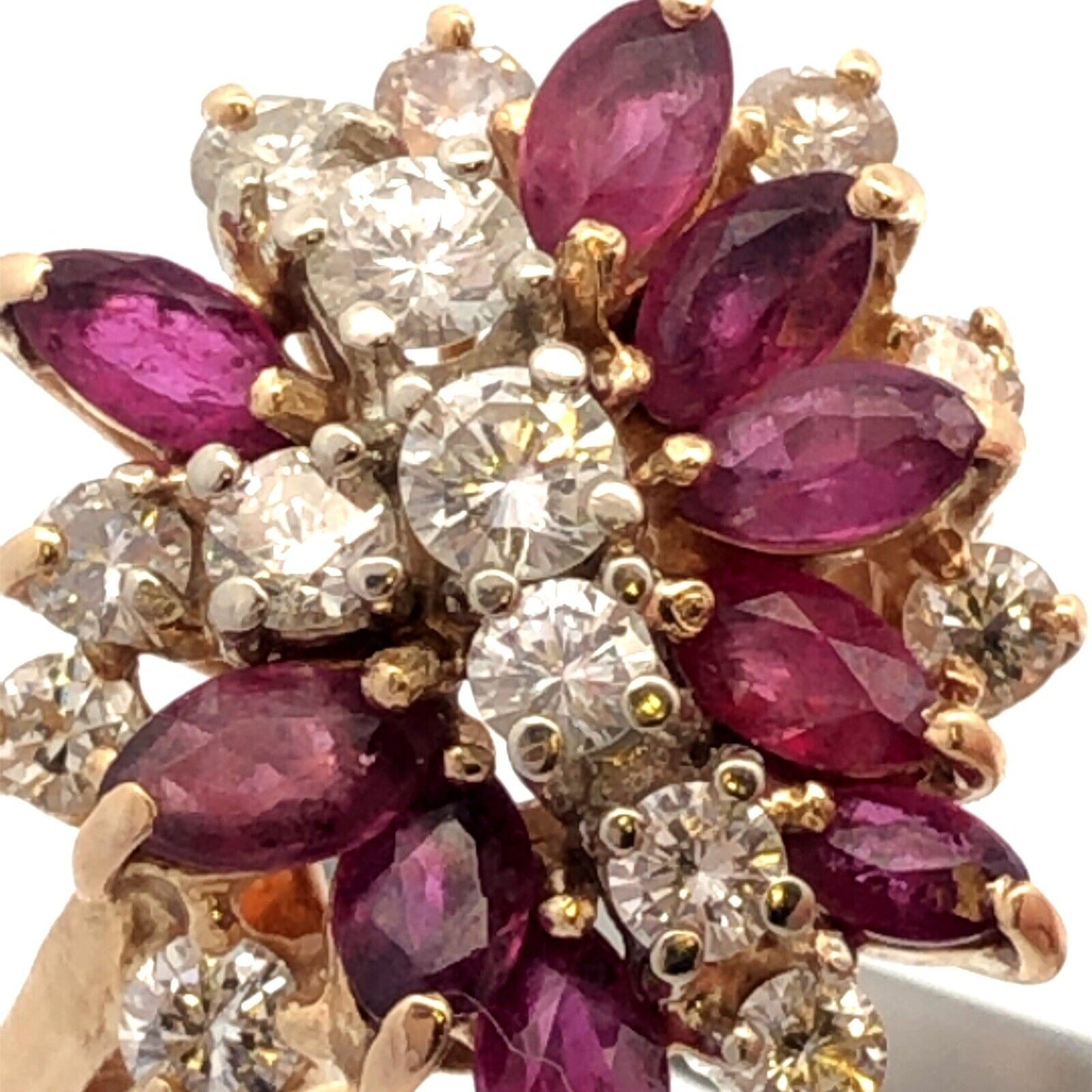 14K Yellow Gold Marquise Ruby Diamond Cluster Waterfall Ring