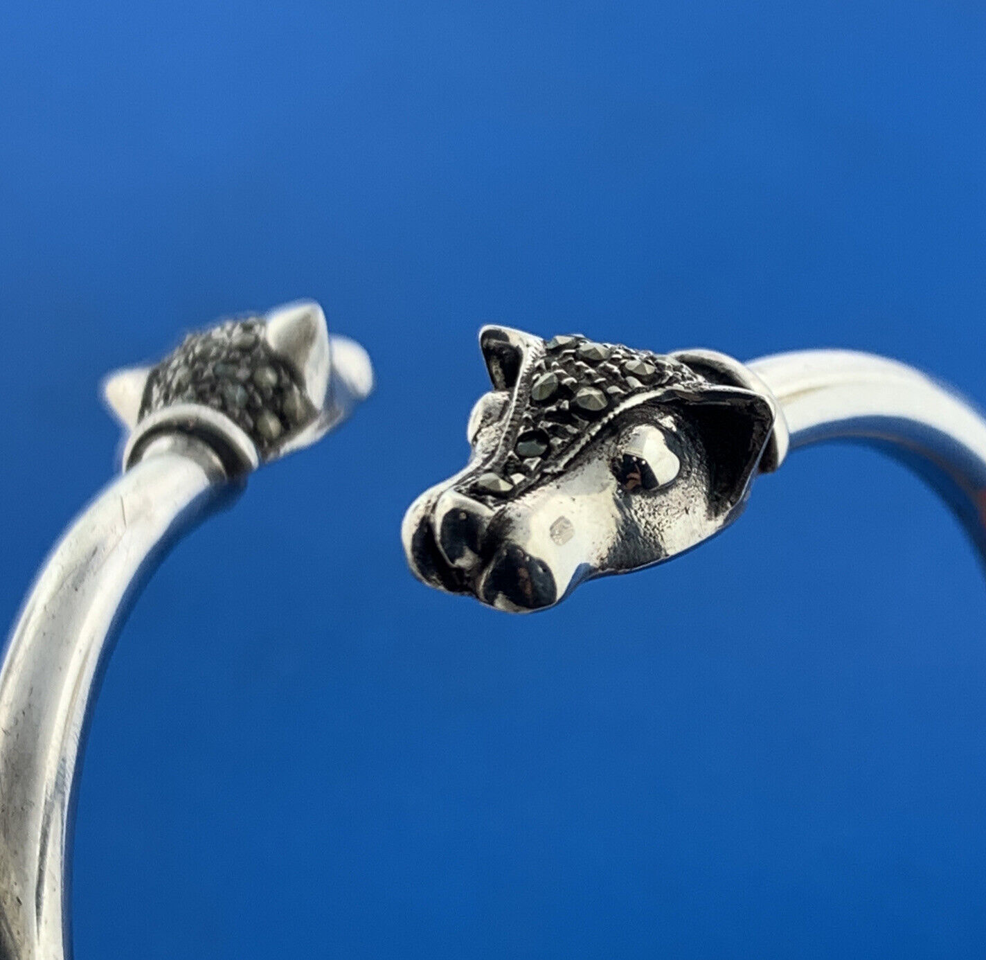 Art Deco Sterling Silver Marcasite Double Devil Dog Head Bypass Cuff Bracelet