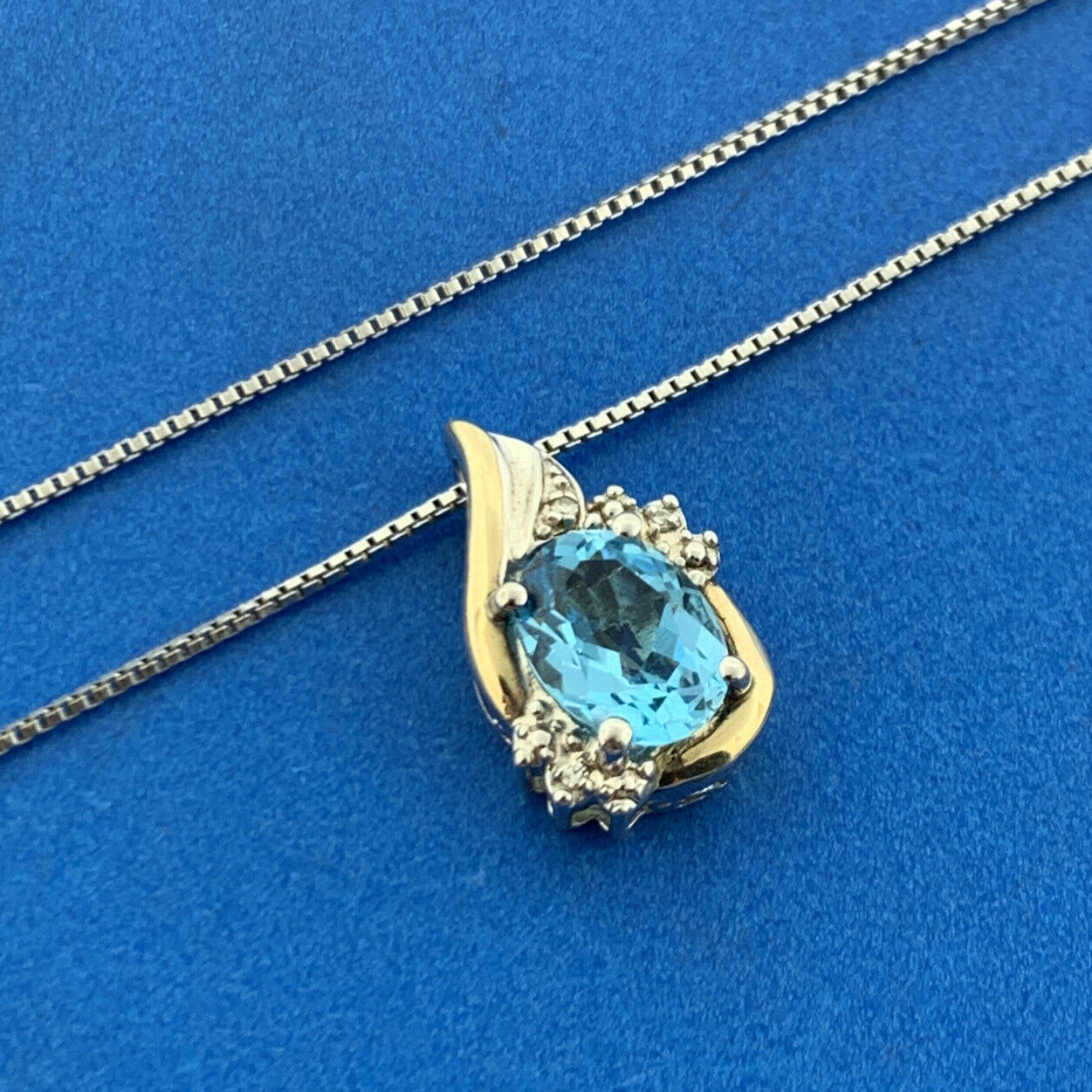 Designer Sterling Silver 10K Yellow Gold Blue Topaz Solitaire Diamond Necklace