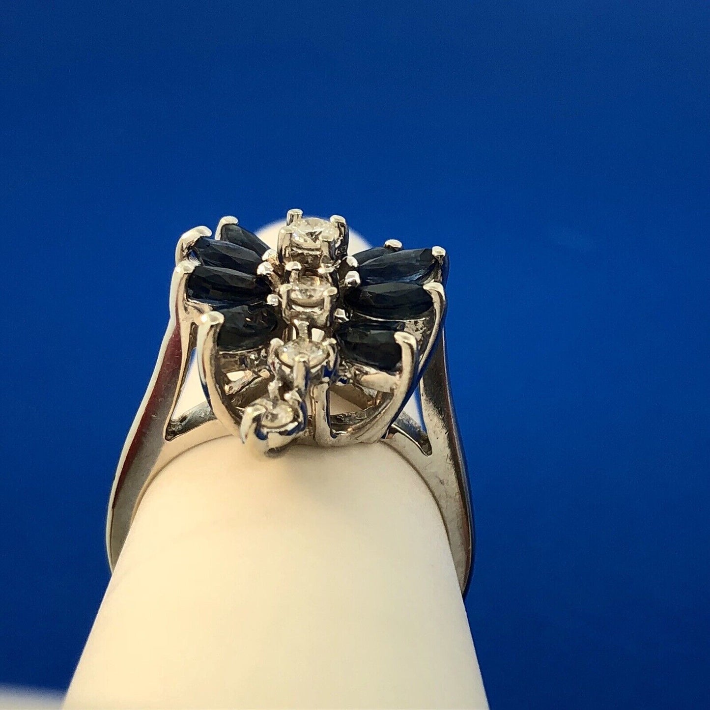 Vintage 14K White Gold Diamond Sapphire Waterfall September Anniversary Ring