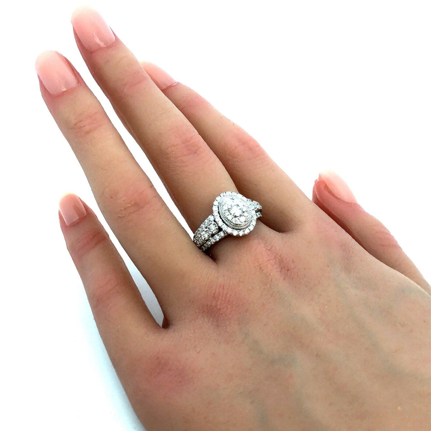 Designer GDM 14K White Gold Round Diamond Cluster Halo Oval Engagement Ring
