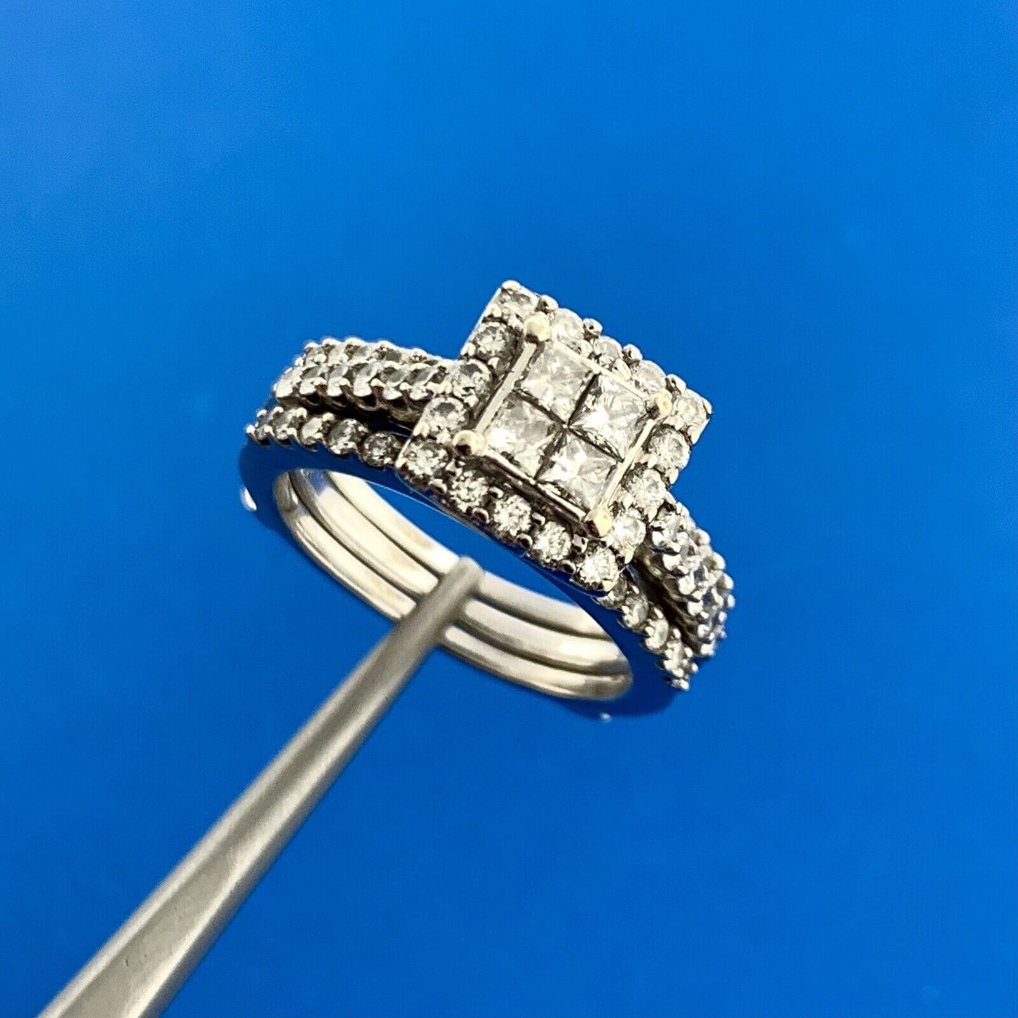 14k White Gold Princess Diamond Quad w/ Accent Wedding Band Set Ring Size 5.75