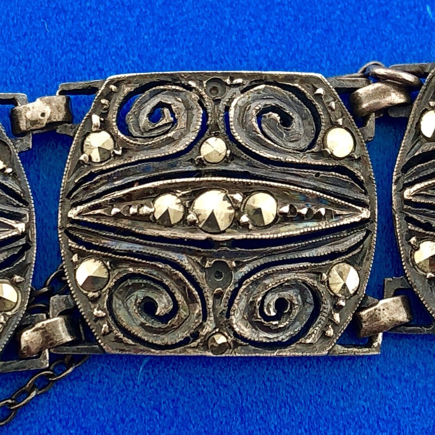 Art Deco Germany 925 Sterling Silver Marcasite Filigree Scroll Panel Bracelet