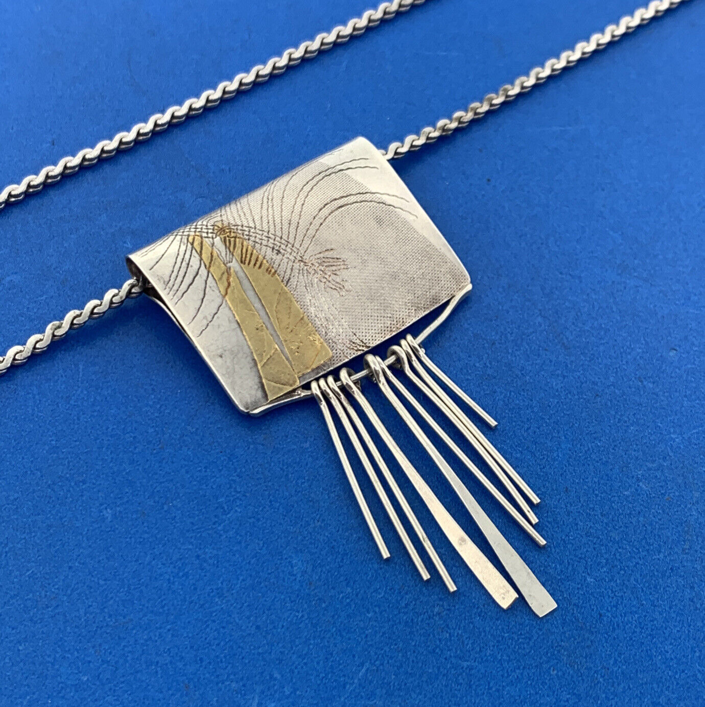 Vintage Signed Artisan 925 Sterling Silver Modernist Abstract Two Tone Necklace