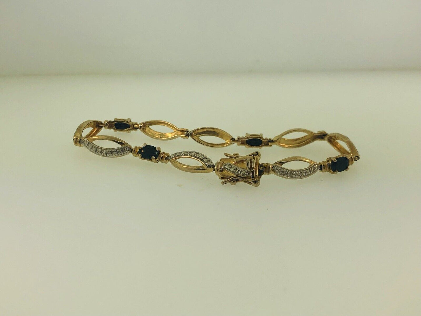 Estate Sterling Silver 925 Vermeil Oval Sapphire Station Tennis Bracelet