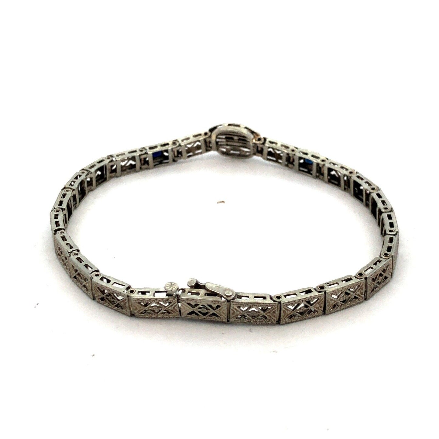 Vintage Art Deco 10K White Gold Diamond Sapphire Filigree Panel Tennis Bracelet