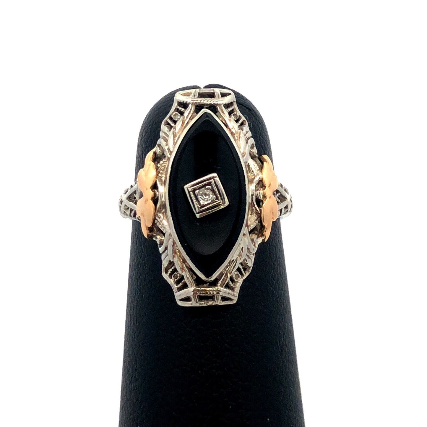Vintage 14K White Yellow Gold Two Tone Black Onyx Diamond Art Deco Oval Ring