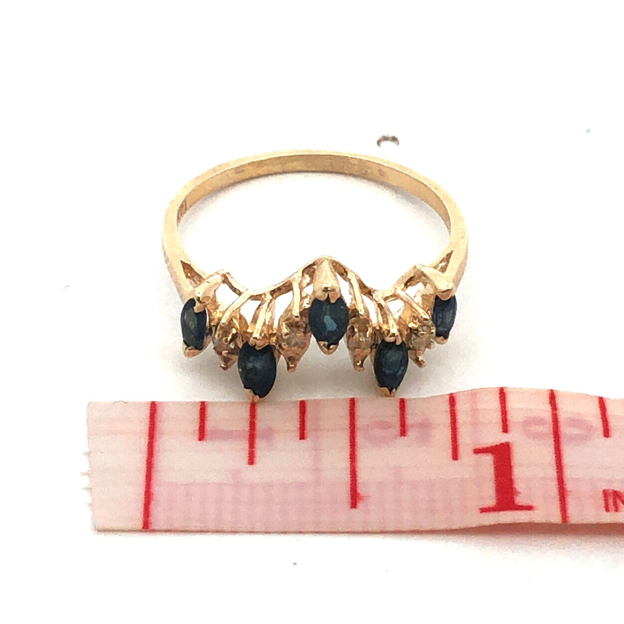 Estate 14K Yellow Gold Marquise London Blue Topaz Diamond Stacking Band Ring