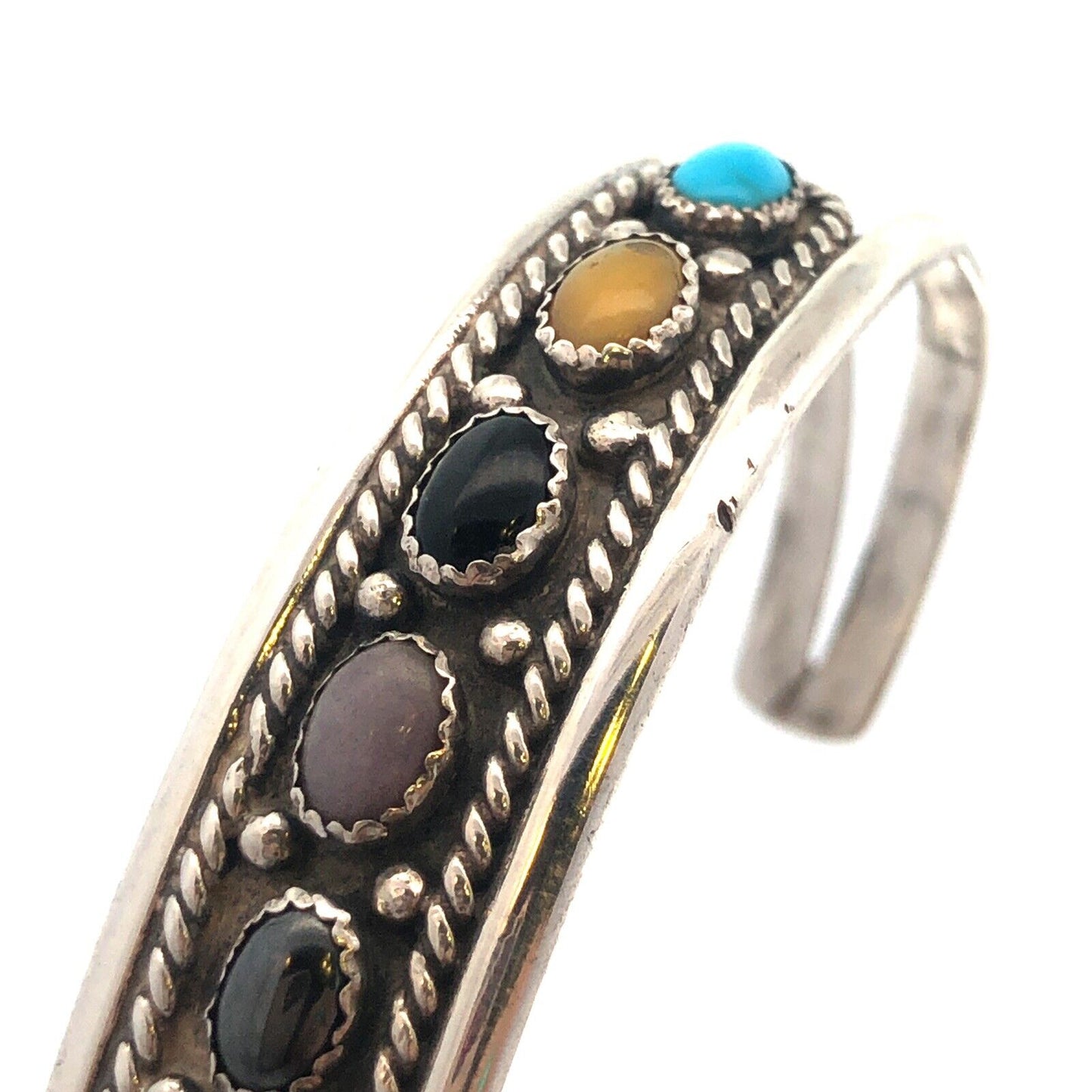 Vintage Signed Old Pawn Native American Oval Mixed Gemstone Open Cuff Bracelet