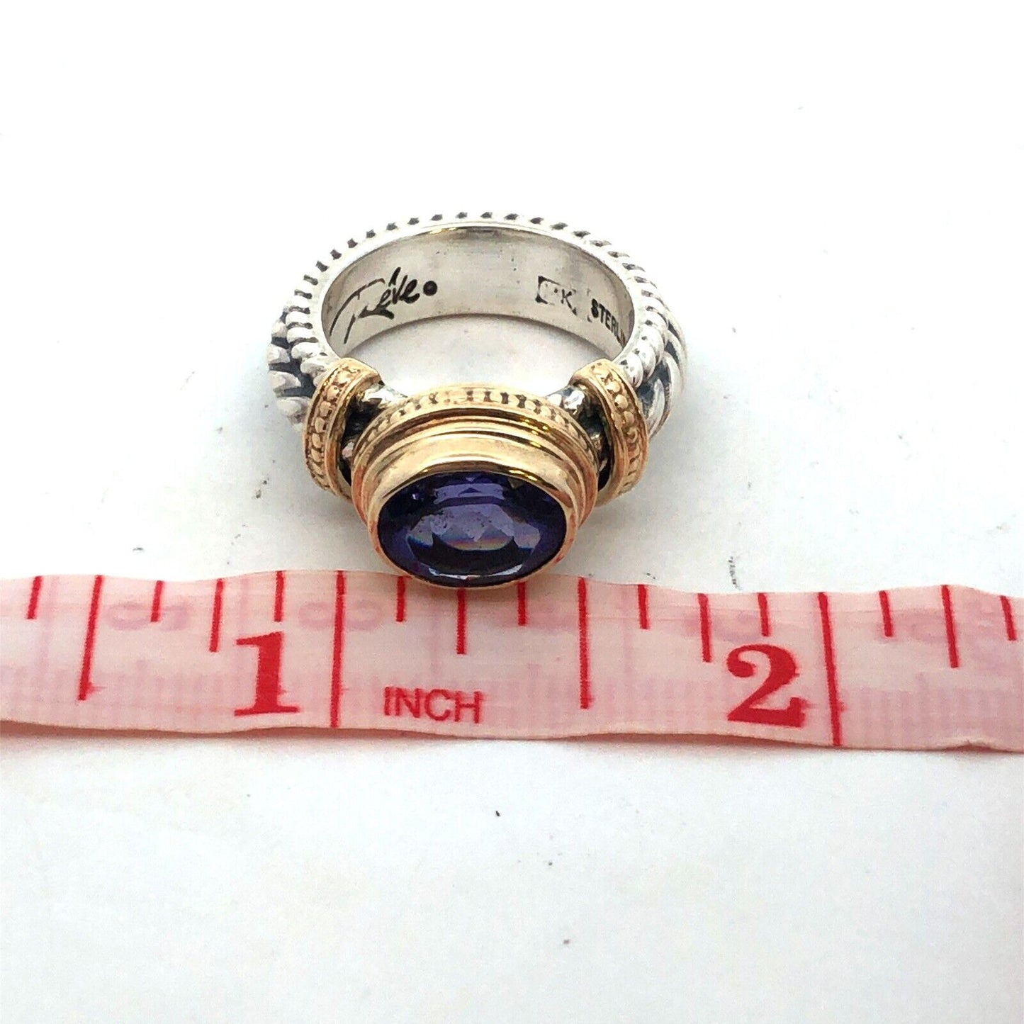 Designer Reve 925 Sterling Silver Two Tone Oval Purple CZ Twist Statement Ring
