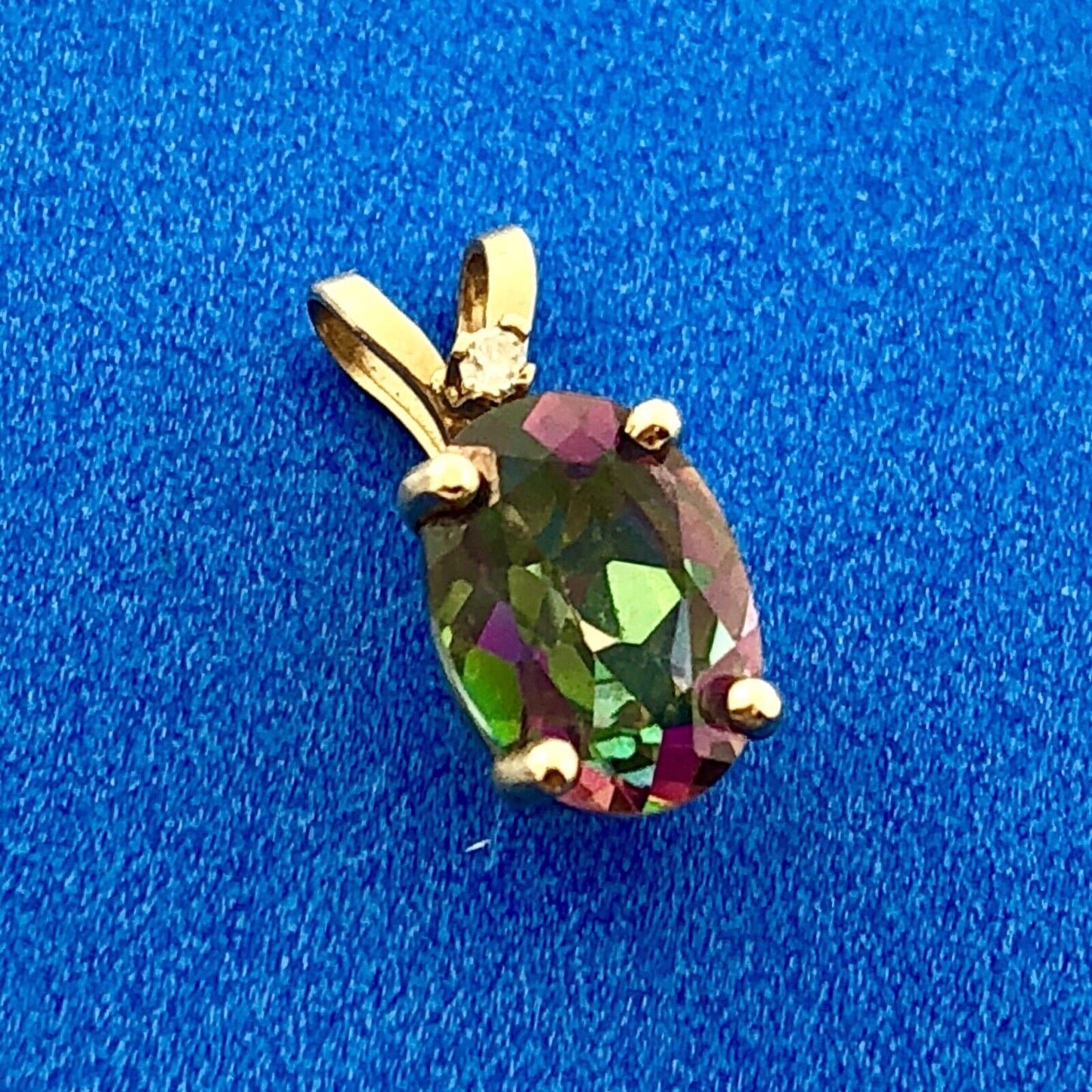 Designer 10k Yellow Gold Oval Mystic Topaz Diamond Accented Pendant
