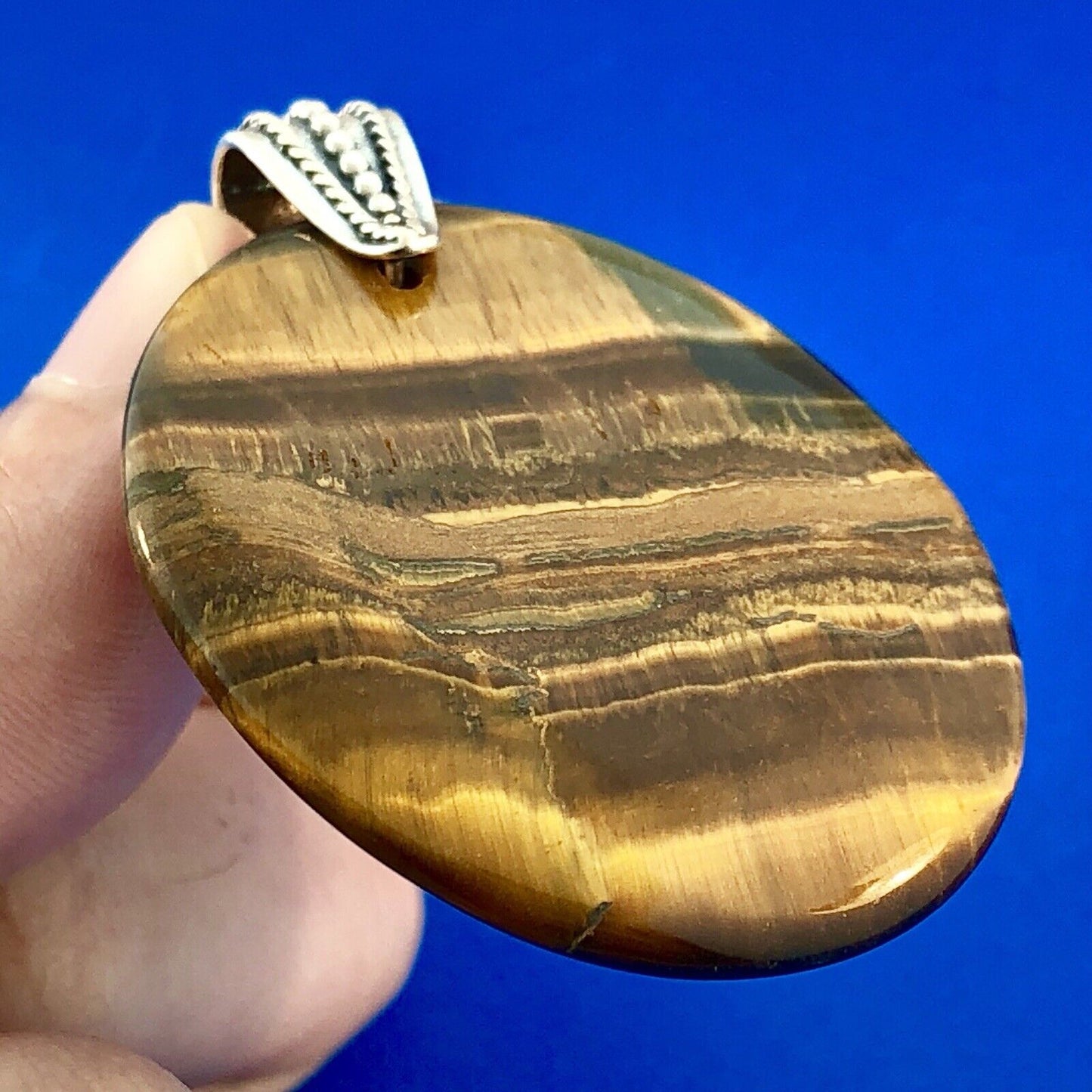 Retro 925 Sterling Silver Tiger Eye Worry Stone Chakra Statement Pendant