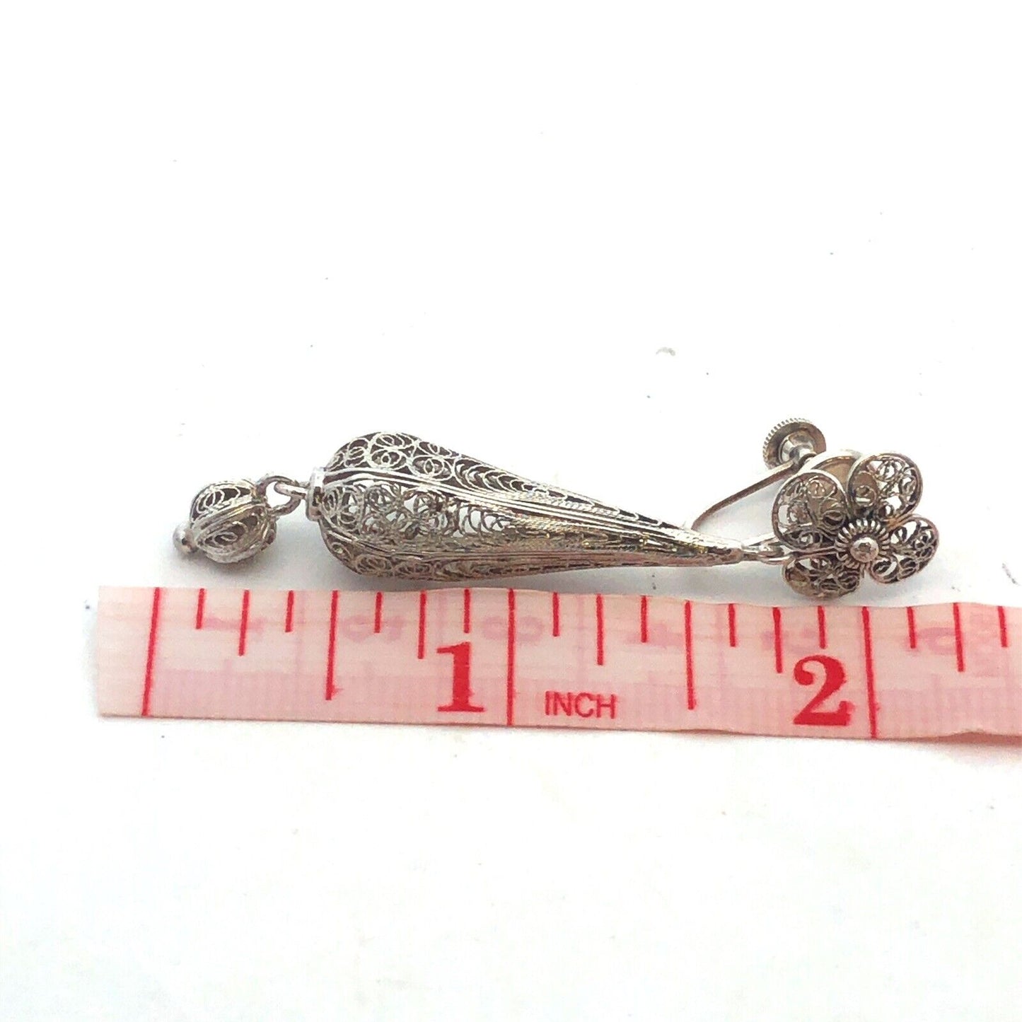 Vintage 925 Sterling Silver Intricate Filigree Floral Dangle Screw Back Earrings