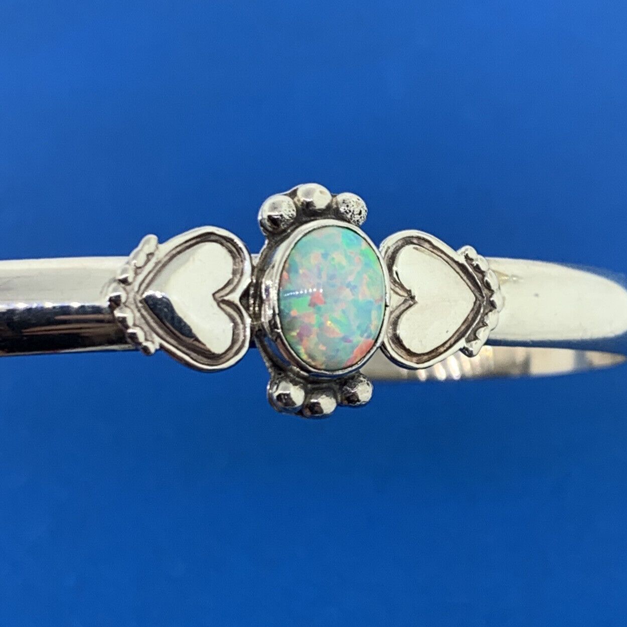 Native American CS Sterling Silver 925 Oval Synthetic Opal Heart Cuff Bracelet