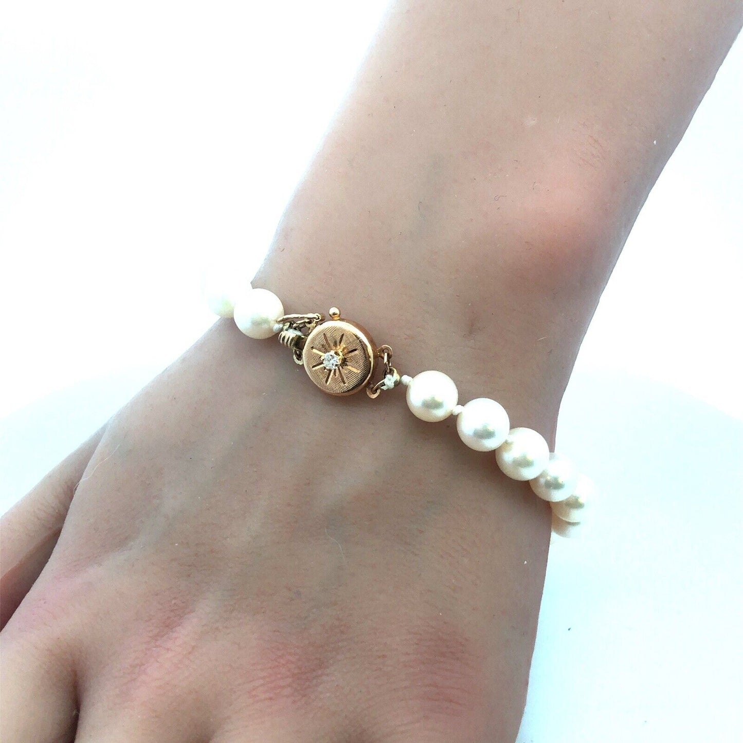 Vintage 14K Yellow Gold White Pearl Beaded Diamond Accent Bracelet