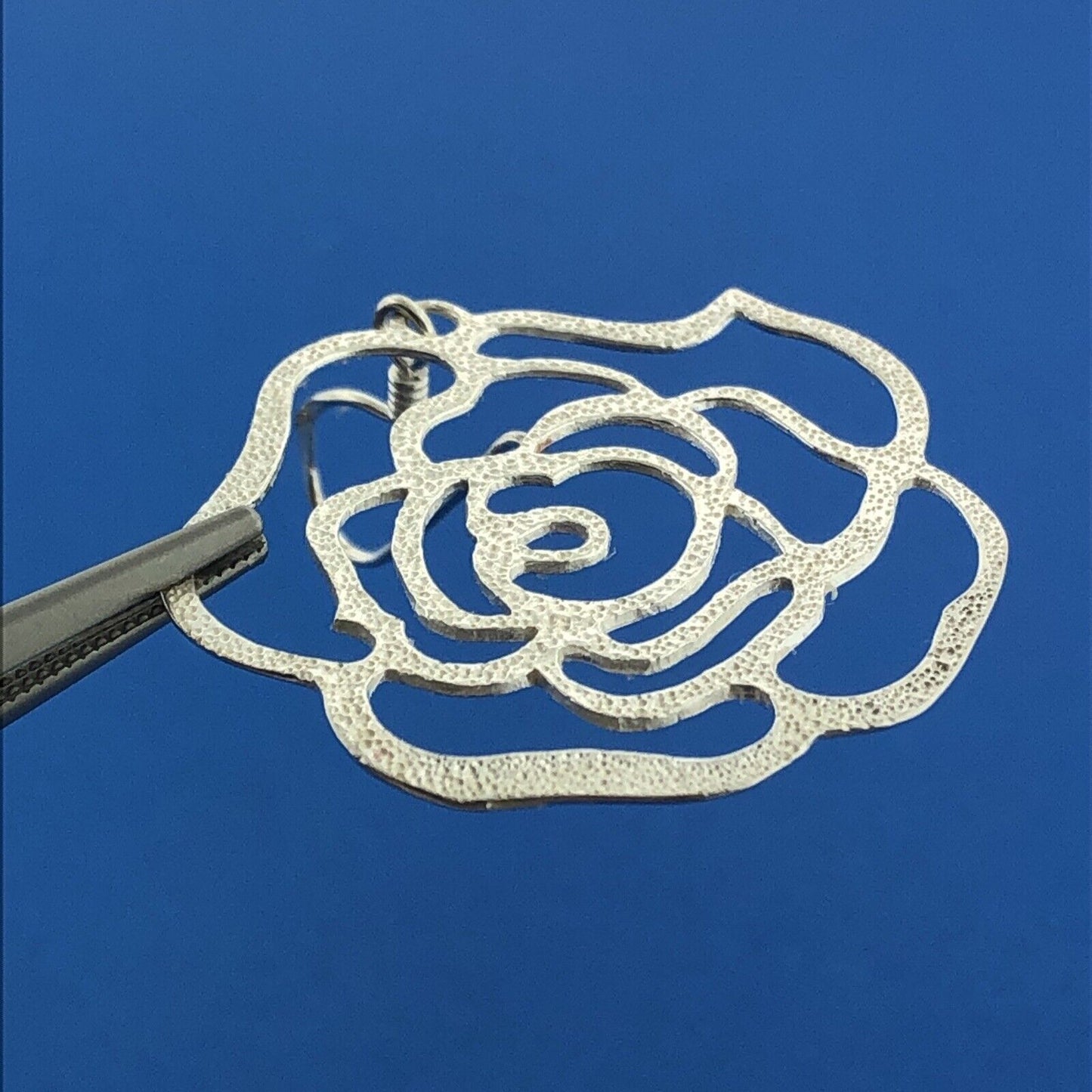 Designer FAS Sterling Silver 925 Openwork Rose Flower Dangle Hook Earrings