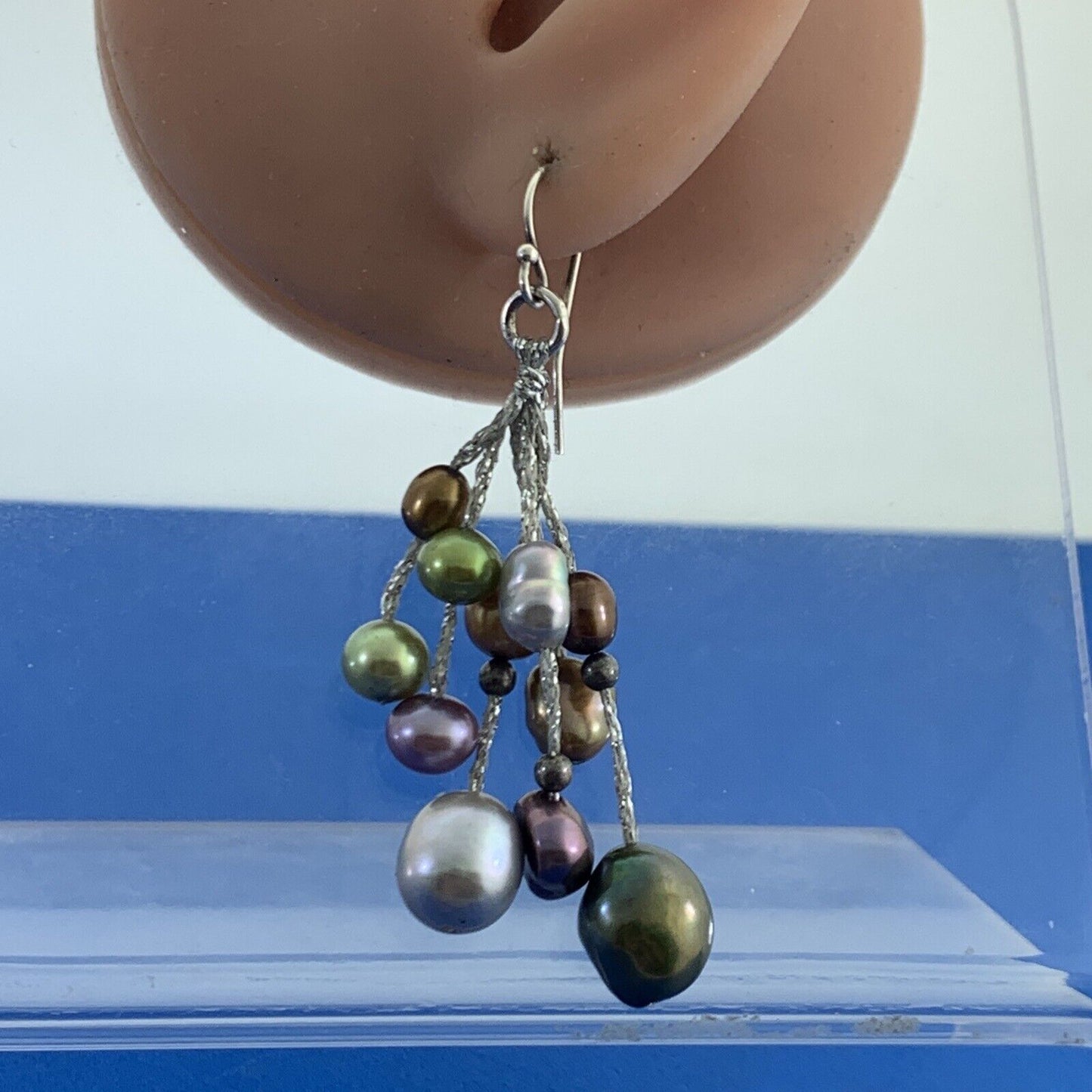Estate 925 Sterling Silver Green Purple Gold Silver Pearl Hook Dangle Earrings