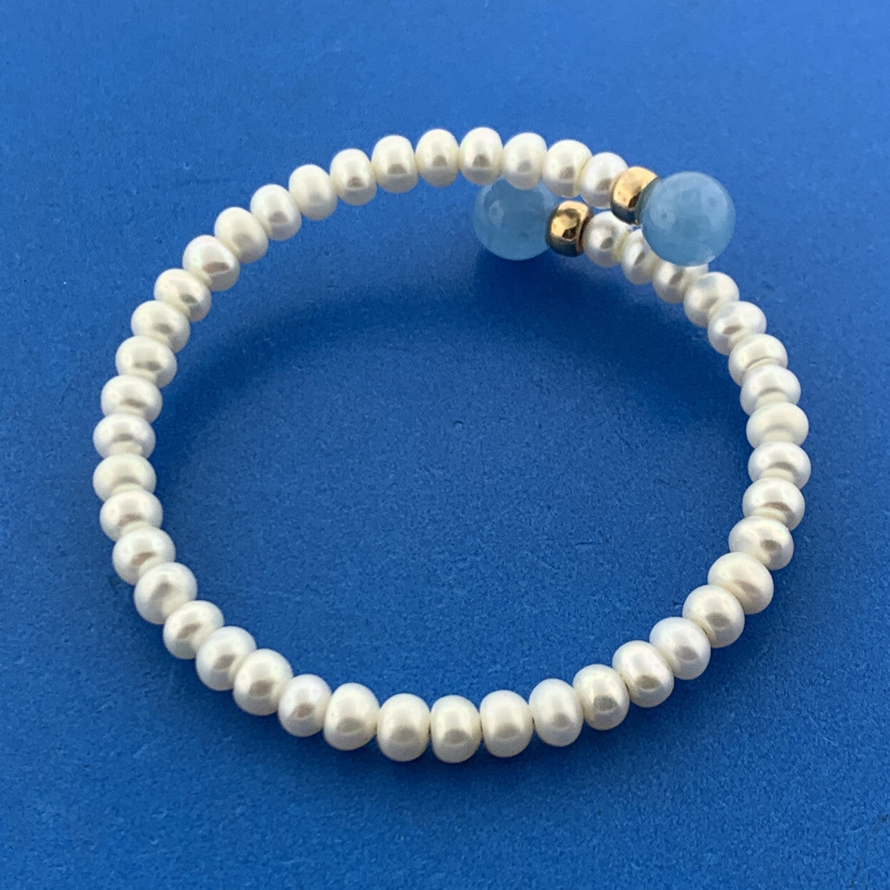 Elegant 14K Yellow Gold Pearl Chalcedony Gold Bead Something Blue Wrap Bracelet