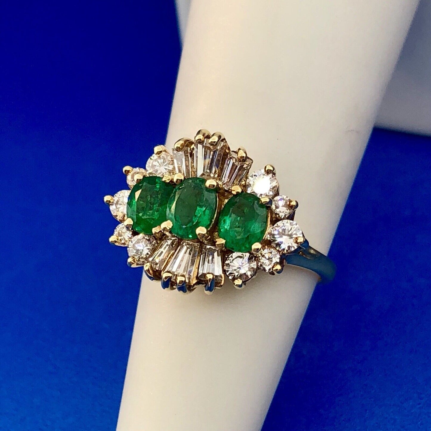 Vintage 14k Yellow Gold Three Oval Emerald Ring w/ Round & Baguette Diamonds