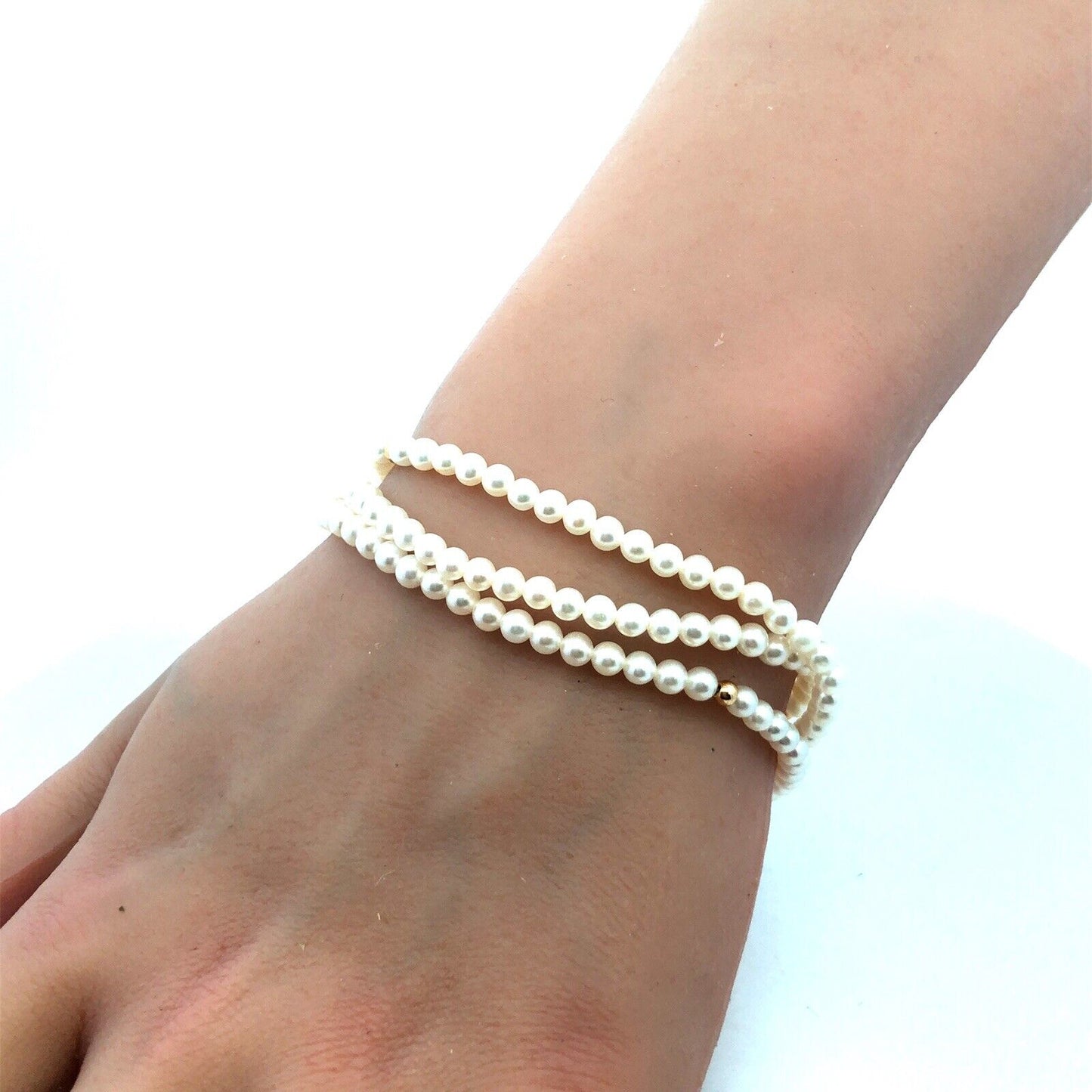 Designer 14K Yellow Gold Round White Pearl 3-Strand Beaded Bracelet