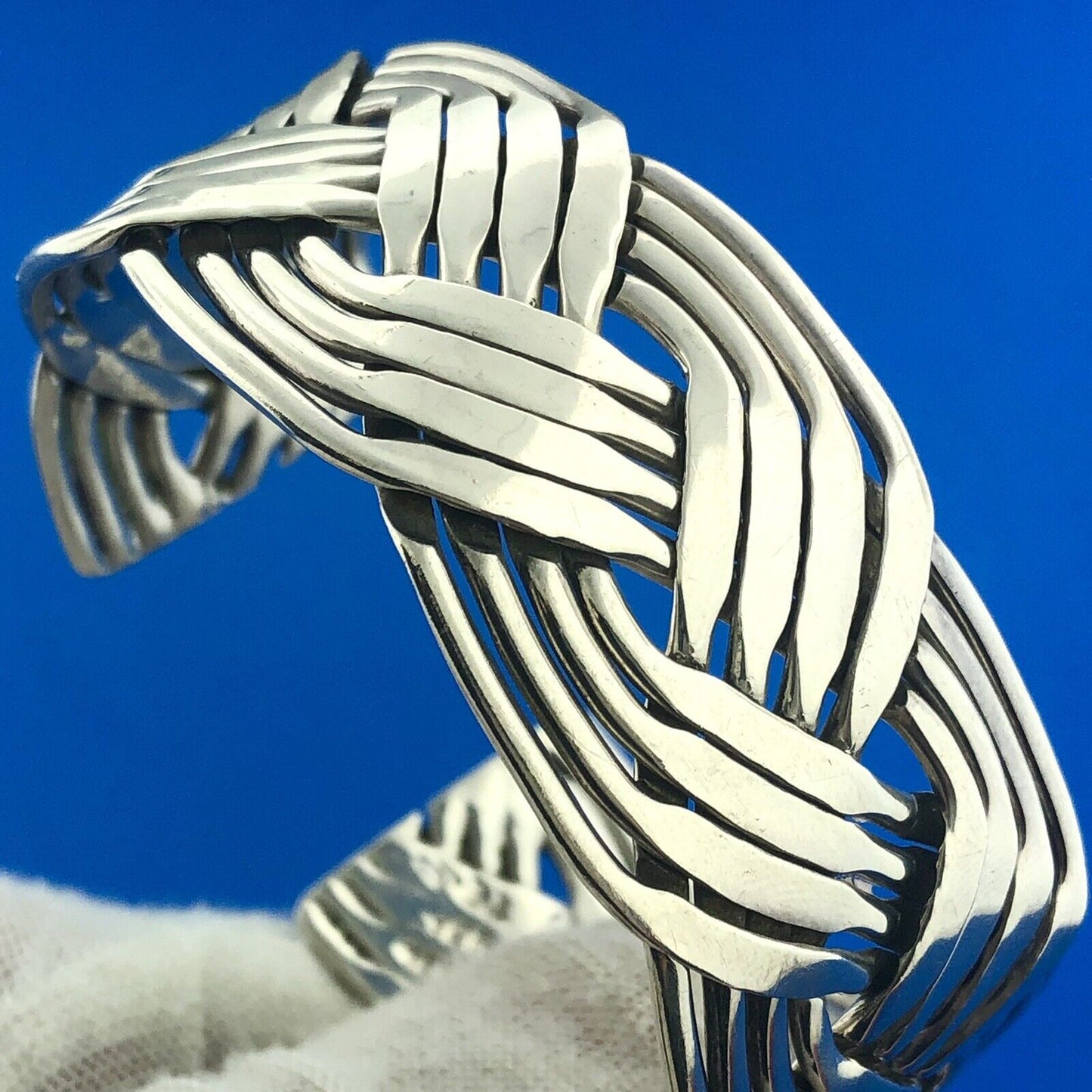 Vintage Taxco Mexico TE-5 925 Sterling Silver Basket Weave Open Cuff Bracelet