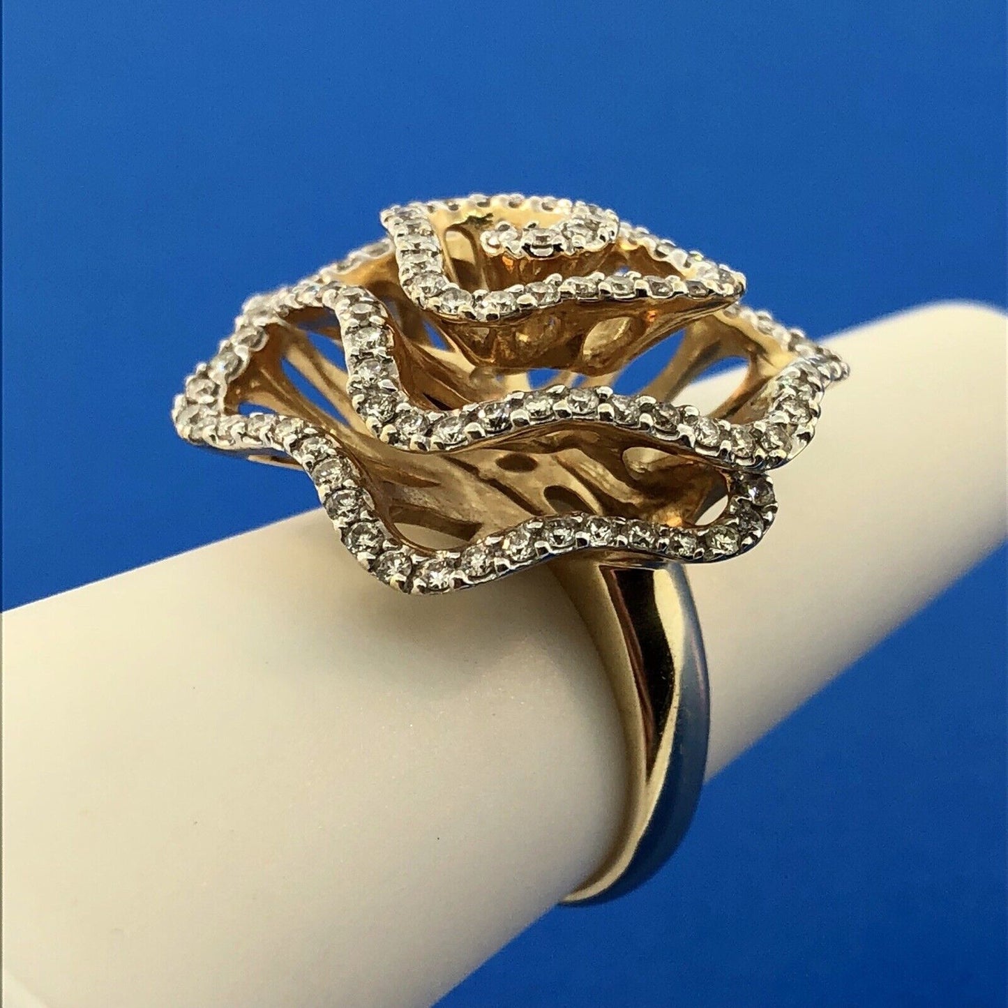 Estate 14K Yellow Gold Diamond Modernist Flower Swirl Statement Cocktail Ring