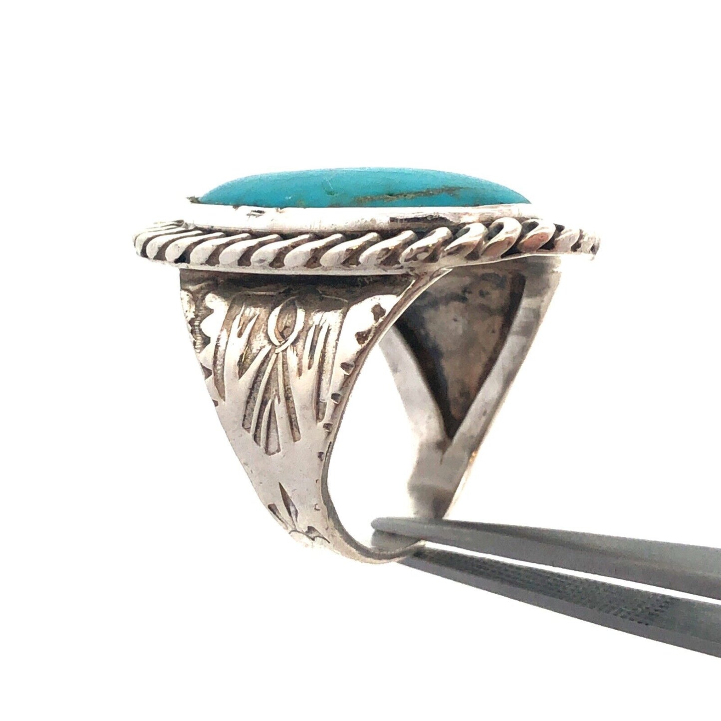 Native American Concho 925 Sterling Silver Oval Turquoise Storyteller Ring