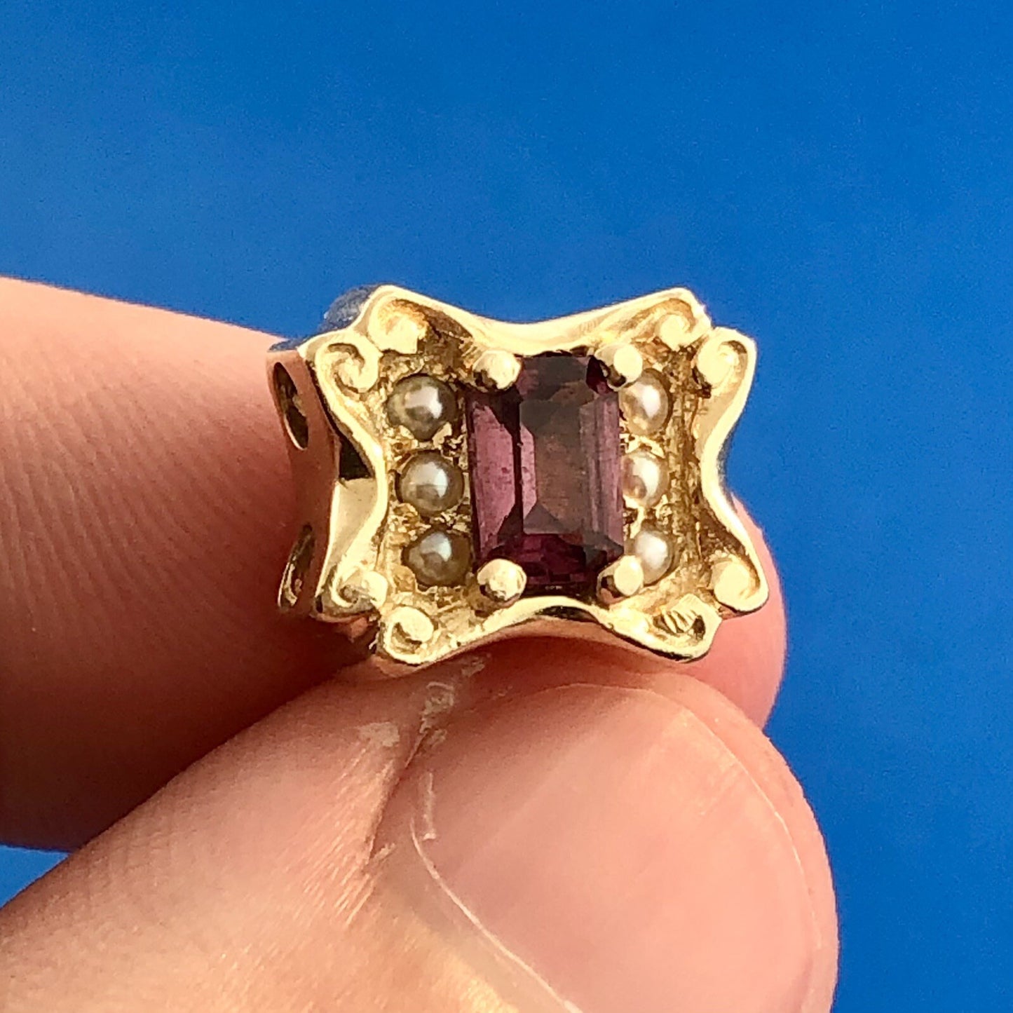 Designer GK 14k Yellow Gold Pearl Accented Tourmaline Rectangle Slide Charm