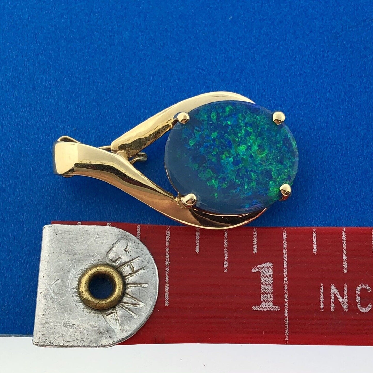 Gorgeous 18k Yellow Gold Cabochon Oval Black Opal Modernist Necklace Pendant