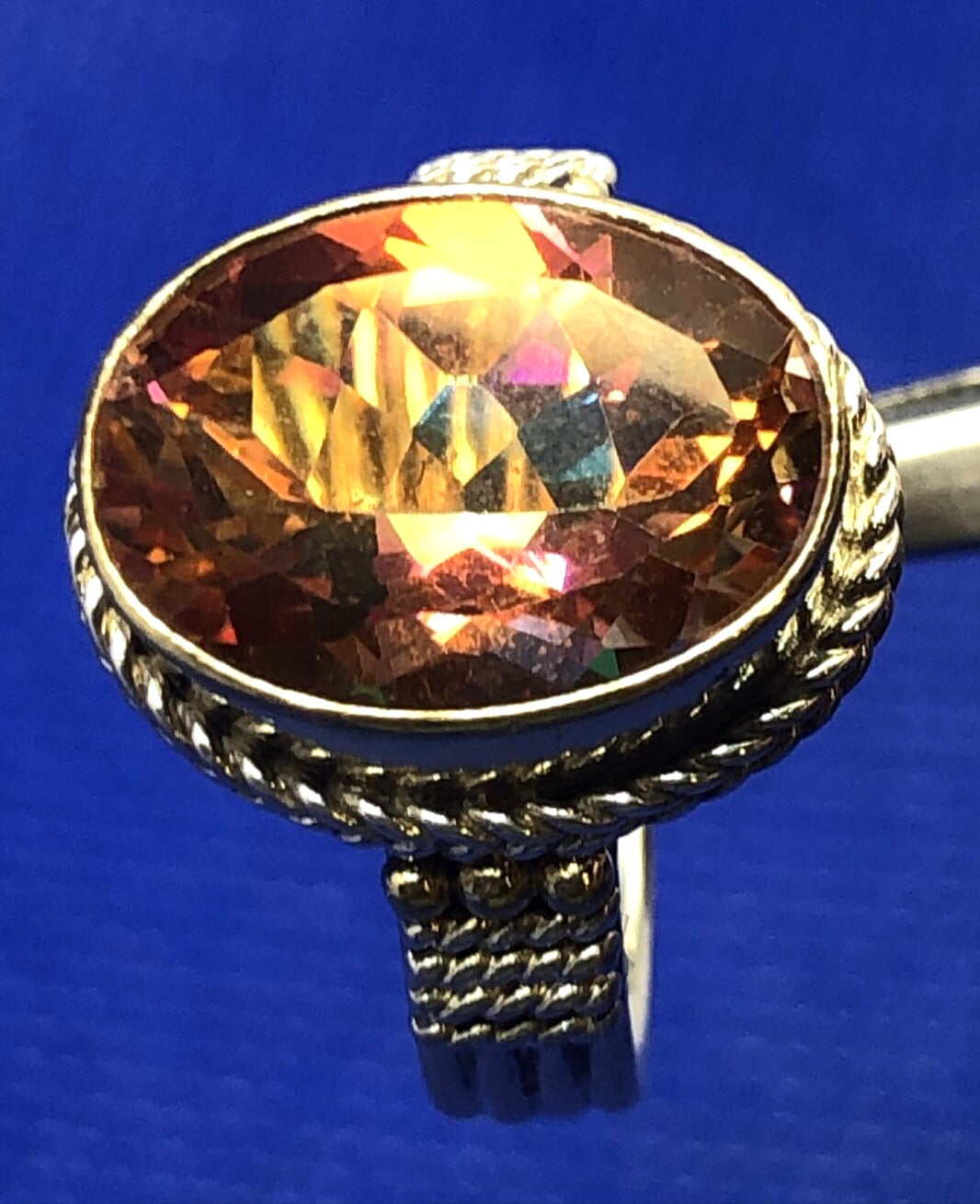 Designer Sterling Silver Oval Mystic Topaz Ribbed Twist Statement Cocktail Ring