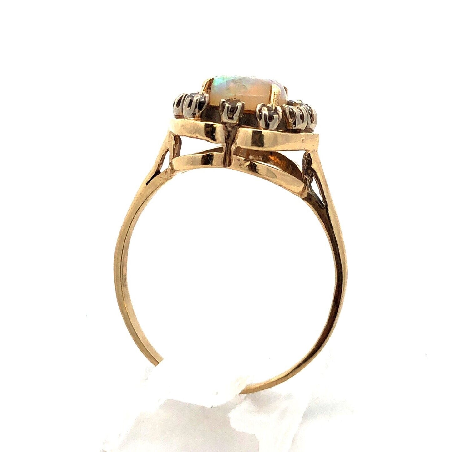Gorgeous 14k Yellow Gold Cabochon White Light Opal Diamond Halo Ring Size 10.75