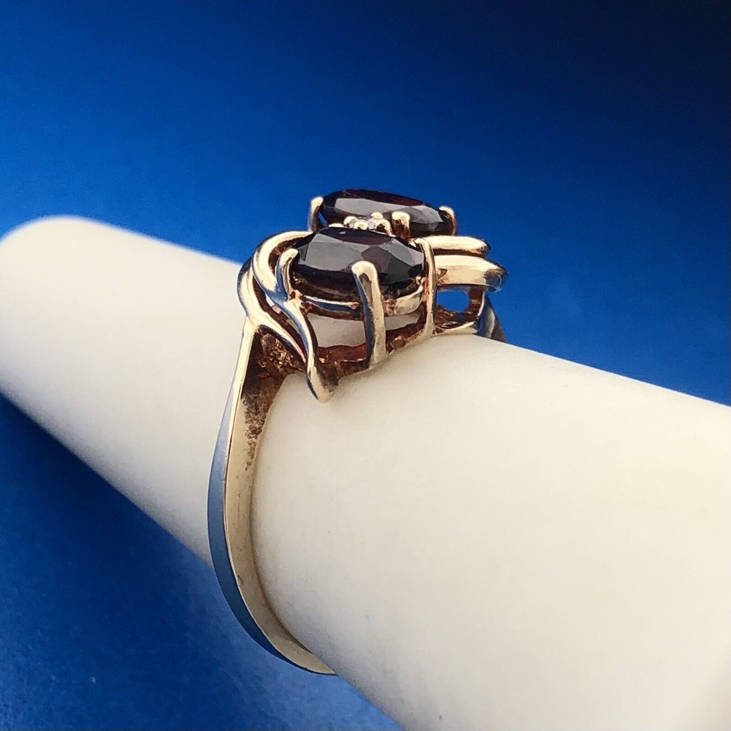 Retro Designer 10K Yellow Gold Garnet Diamond January Anniversary Bypass Ring