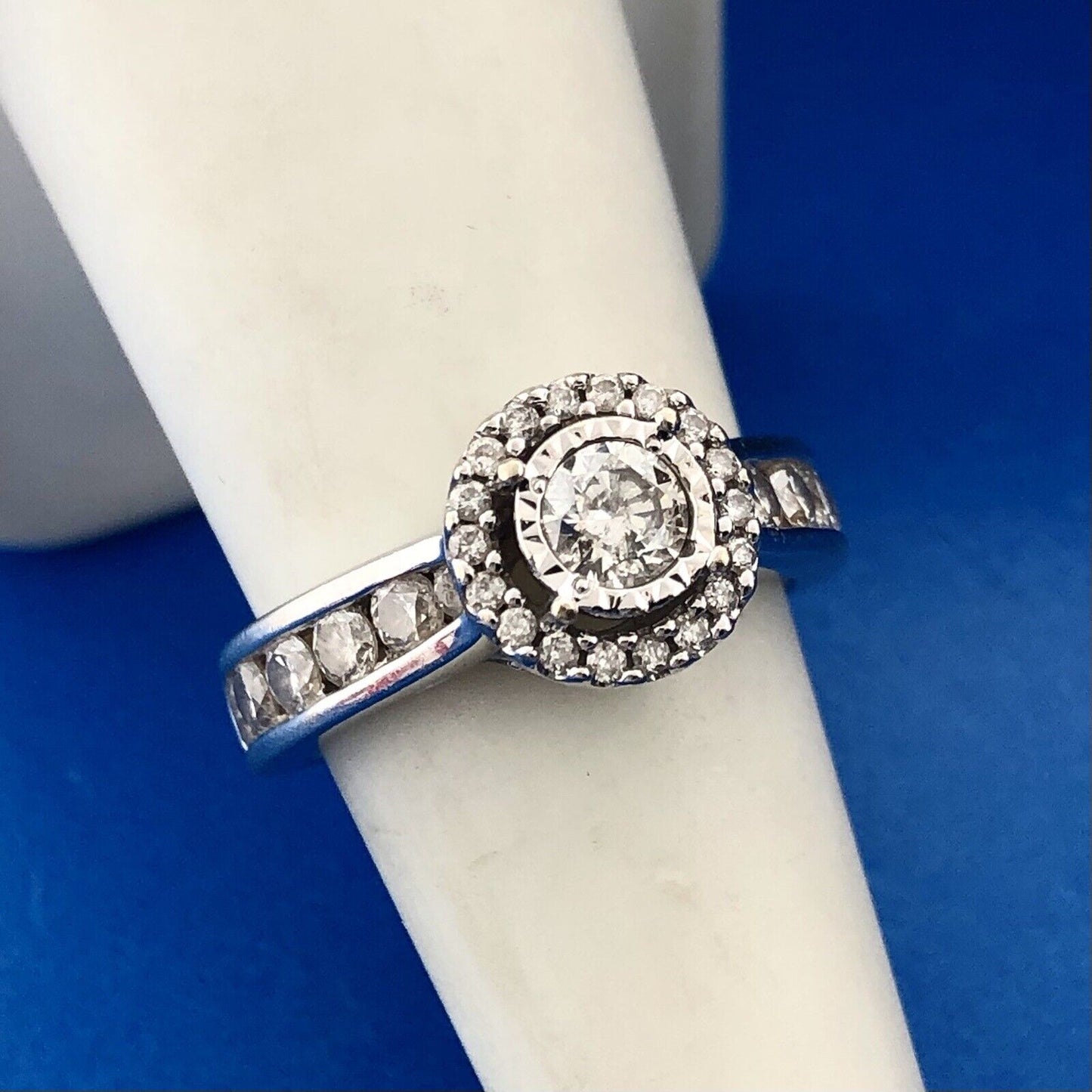Designer ZEI 14K White Gold Diamond Solitaire Halo Accent Engagement Ring