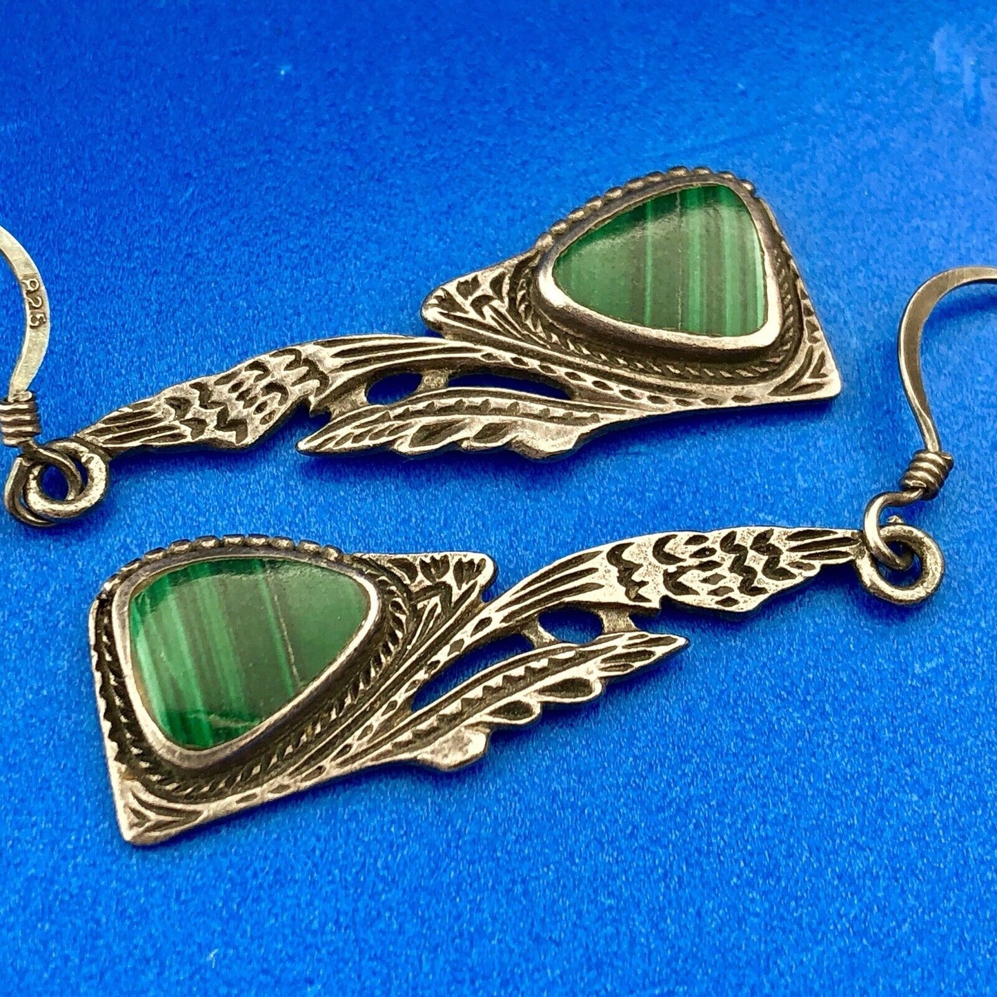 Estate Sterling Silver Malachite Trilliant Feather Wings Motif Dangle Earrings