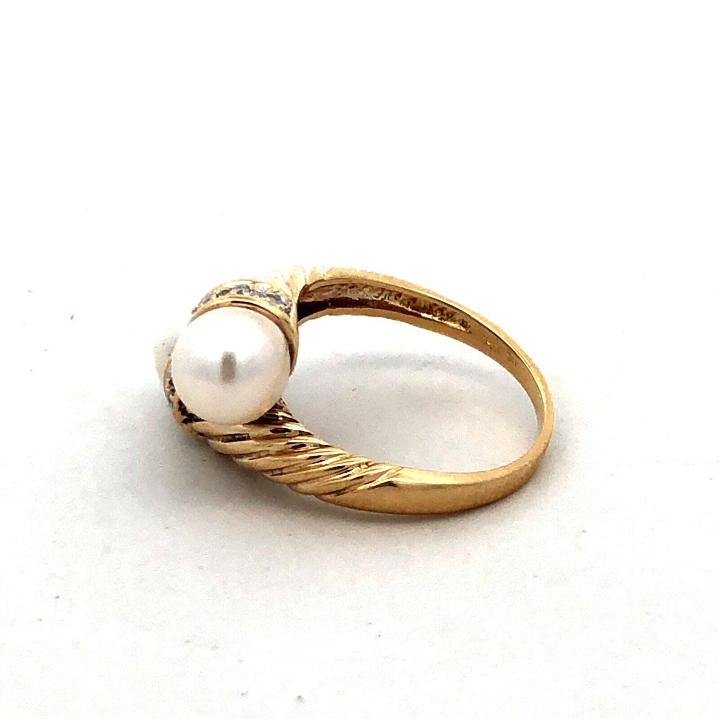 Designer H 14K Yellow Gold Round Pearl Diamond Twist Textured Bypass Ring