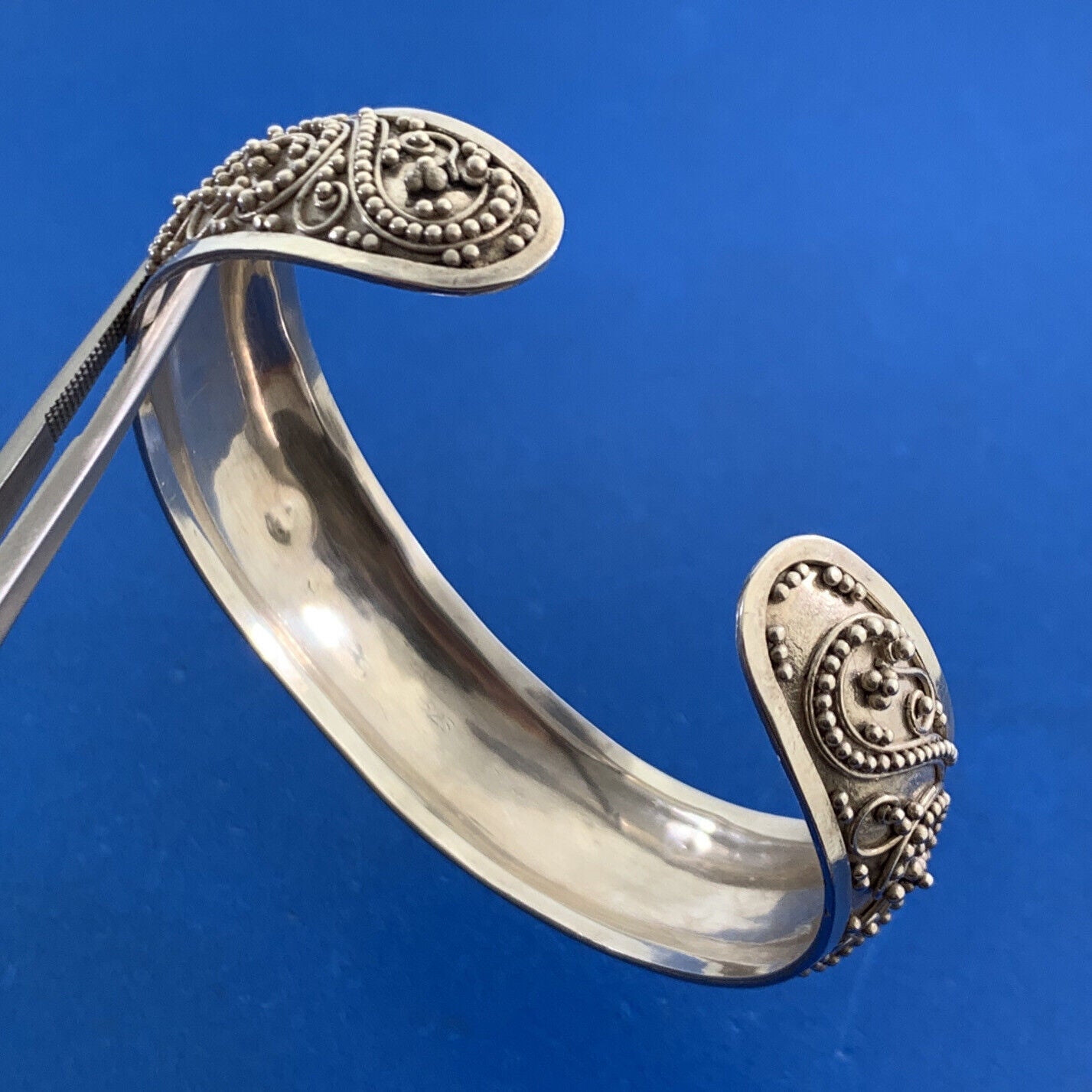 Designer 925 Sterling Silver Balinese Bead And Scroll Work Open Cuff Bracelet