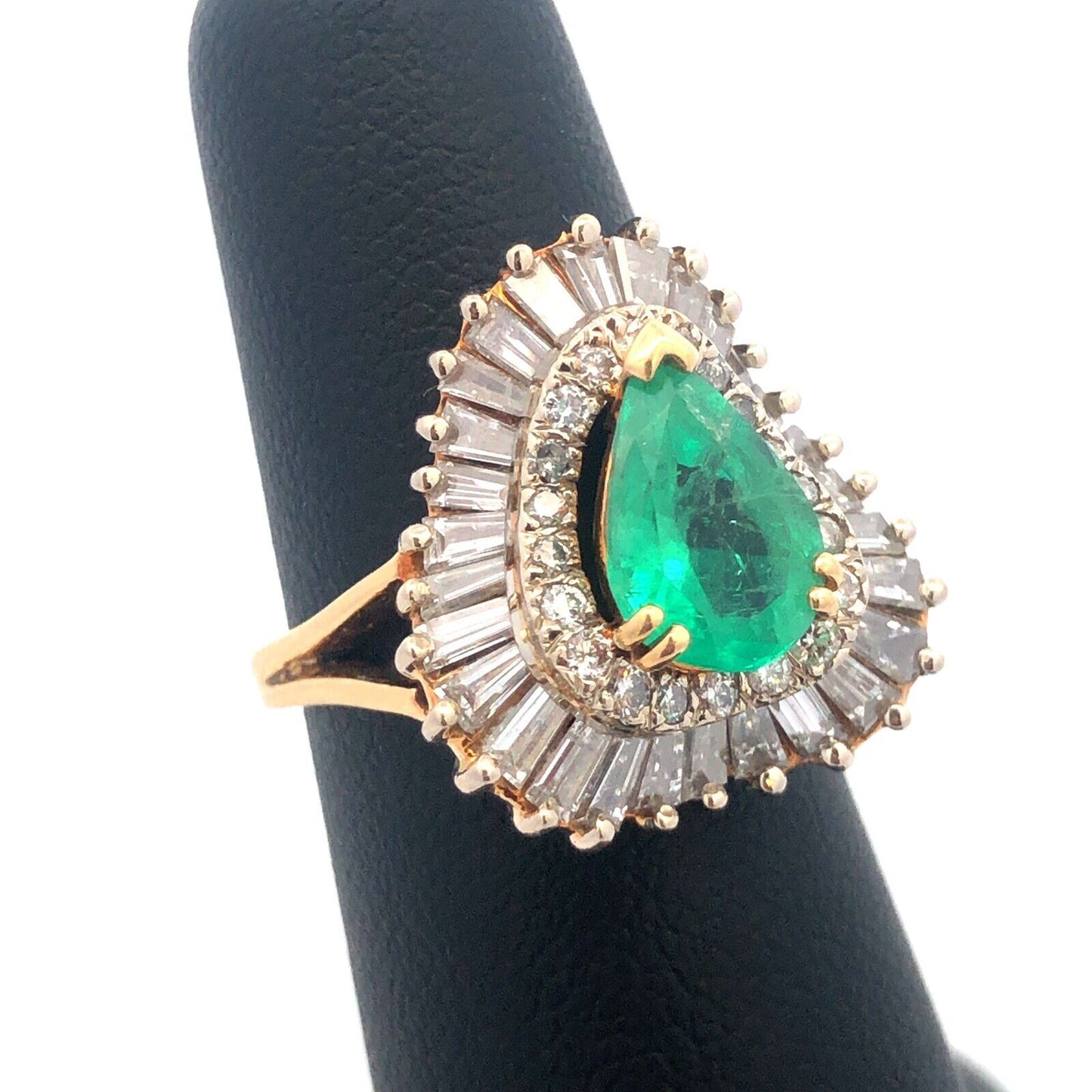 Vintage 14K Yellow Gold Pear Emerald Double Diamond Halo Statement Cocktail Ring