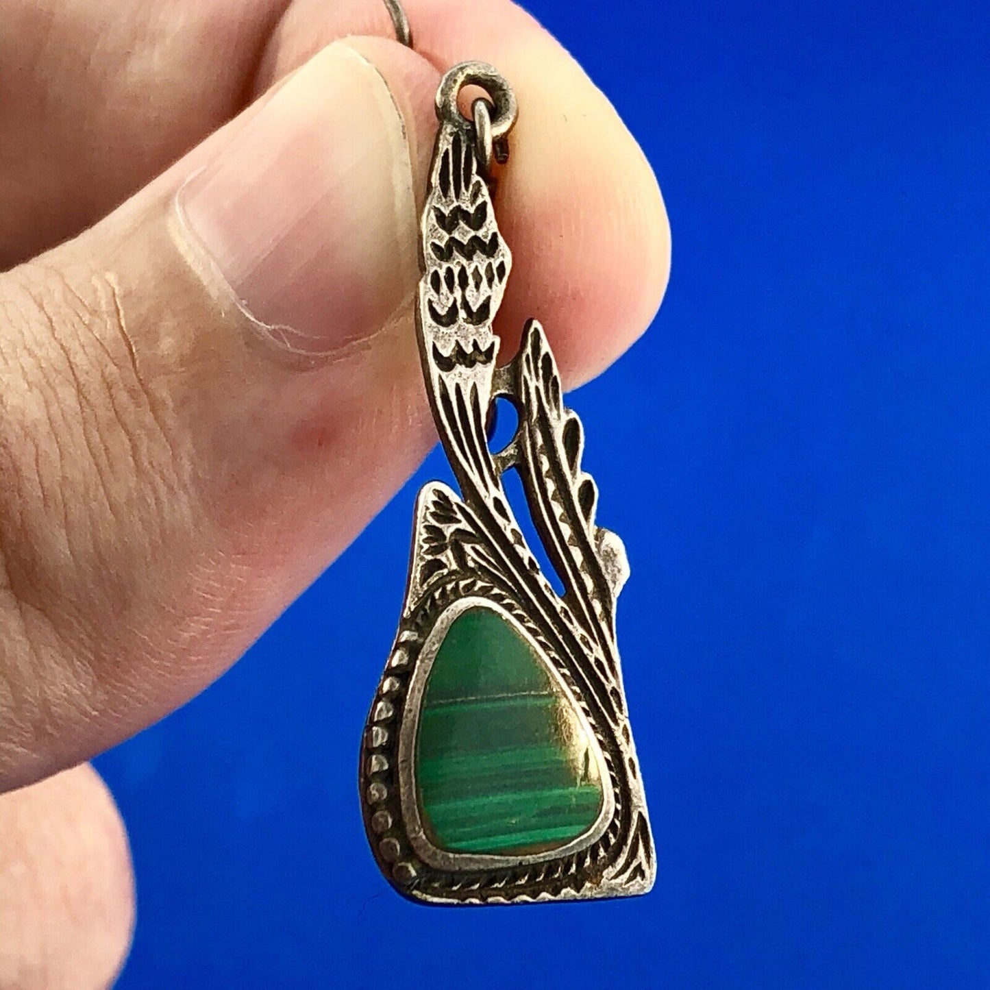 Estate Sterling Silver Malachite Trilliant Feather Wings Motif Dangle Earrings