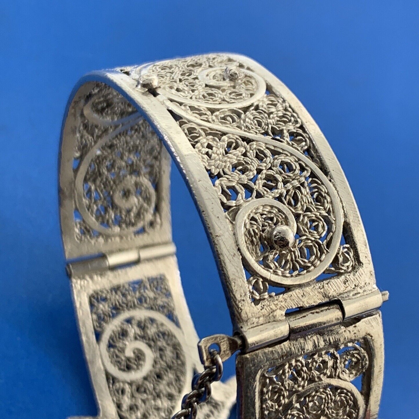 Vintage Artisan Sterling Silver Filigree Scroll Flower Statement Cuff Bracelet