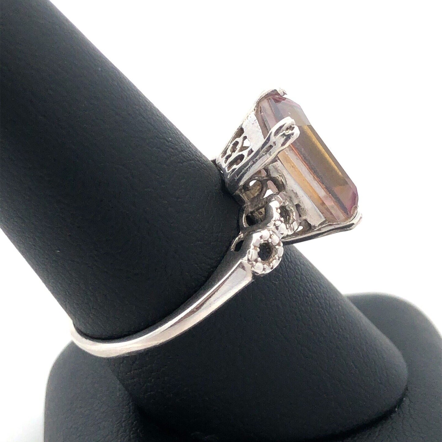 Designer STS 925 Sterling Silver Emerald Cut Pink Amethyst Anniversary Ring