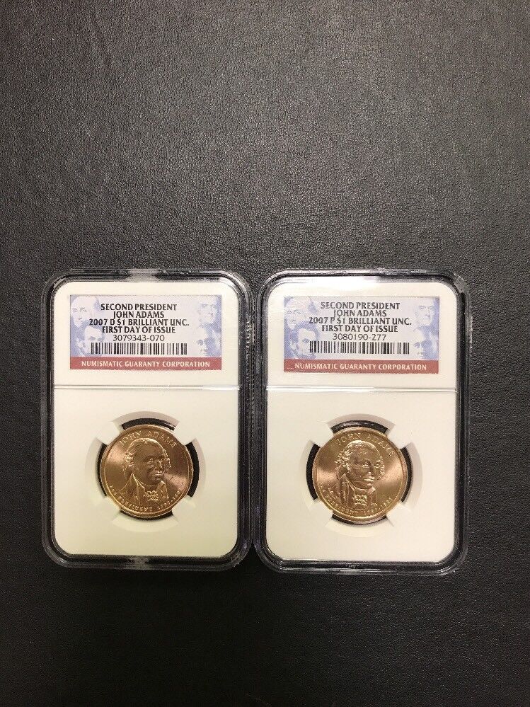 2007 P D John Adams Presidential Dollar Two Coin Set NGC BU First Day of Issue