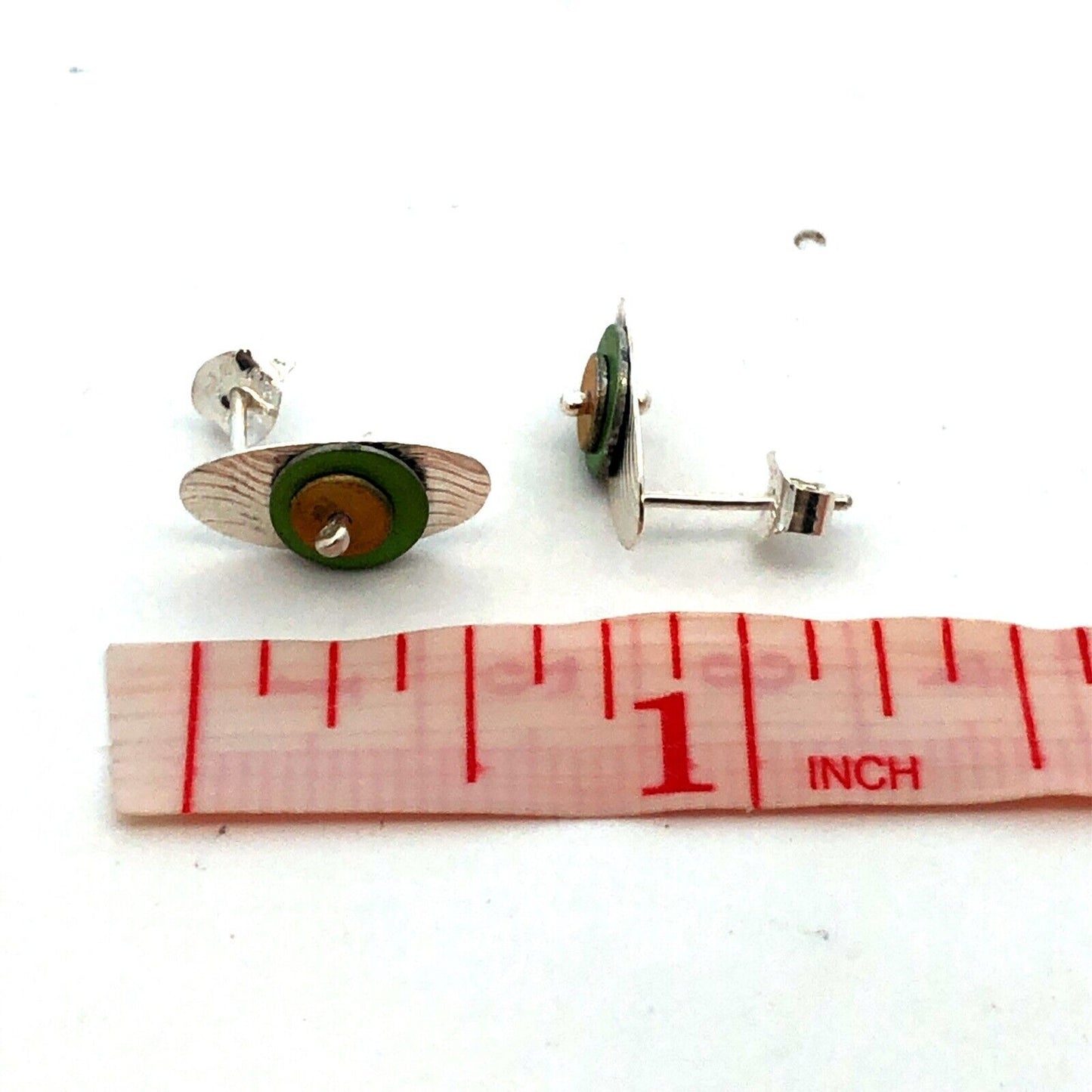 Vintage Hut 925 Sterling Silver Green Yellow Modernist Oval Stud Earrings