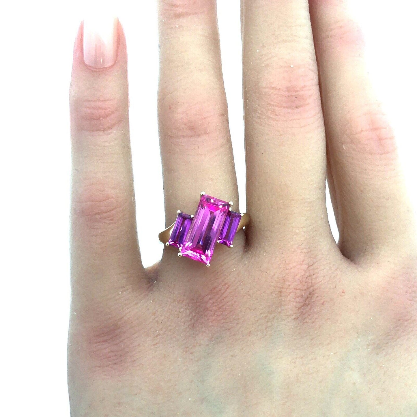 Designer 10K Yellow Gold Rectangle Pink Topaz Trio Modernist Statement Ring