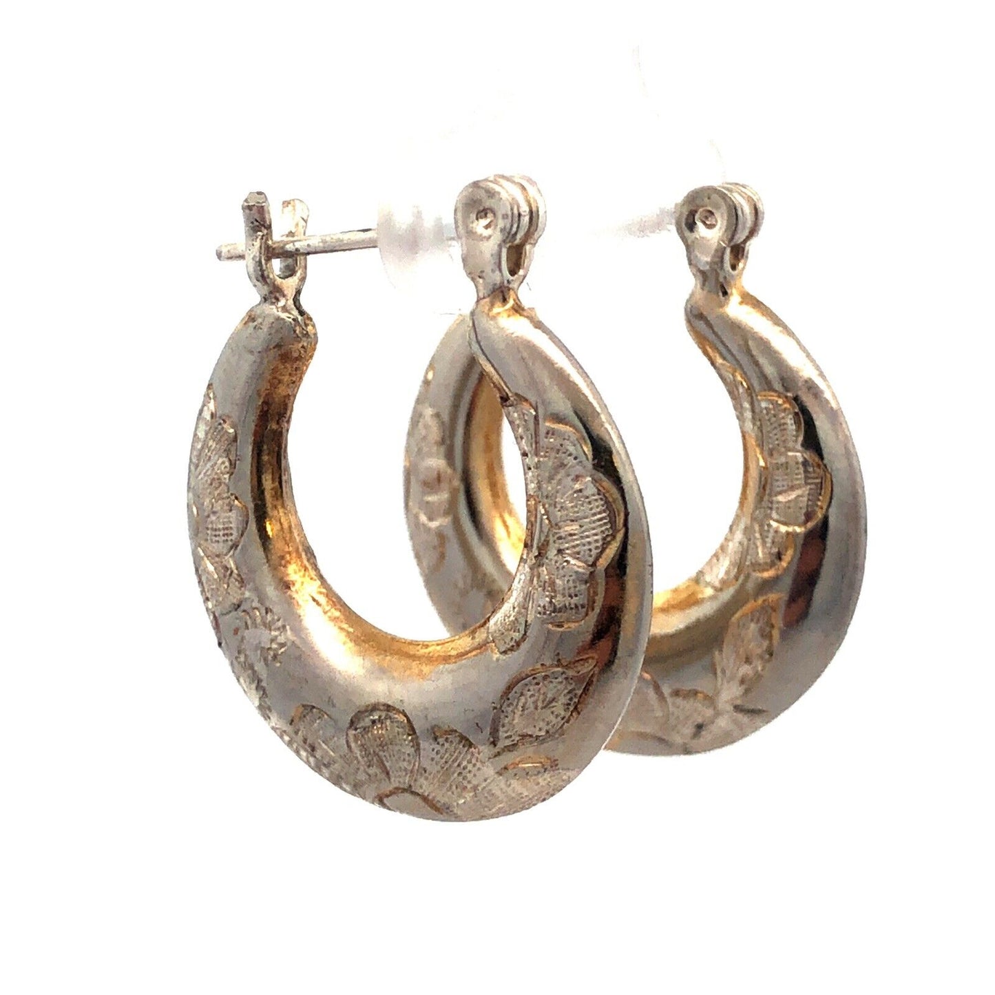Designer Sterling Silver Floral Etched Polished Florentine Hollow Hoop Earrings