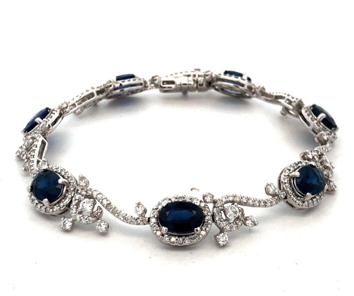 Designer K 18K White Gold Oval Blue Sapphire Diamond Swirl Tennis Bracelet