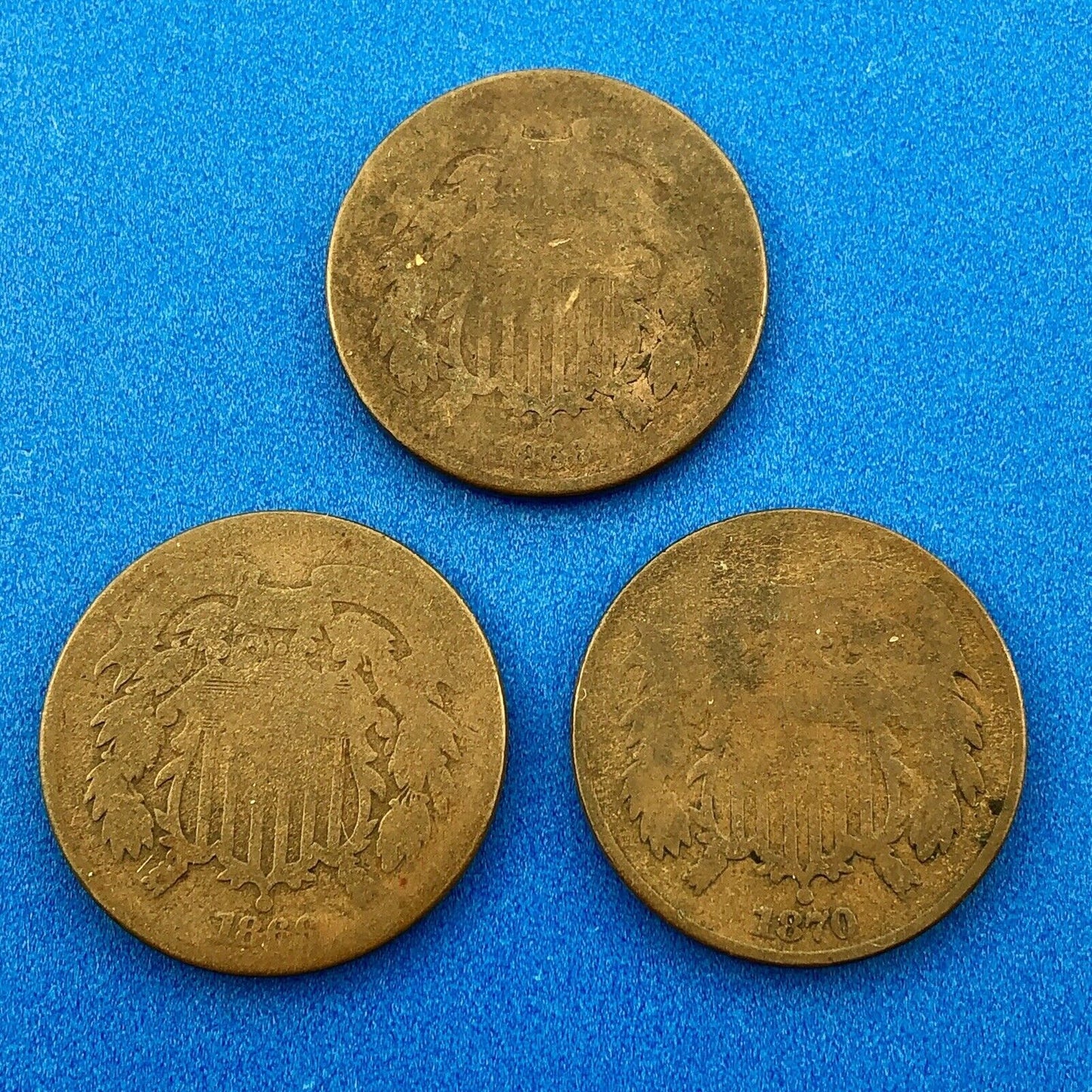 1866 P Bronze Two-Cent Piece Three Coin Mixed Date Union Shield Philadelphia Lot