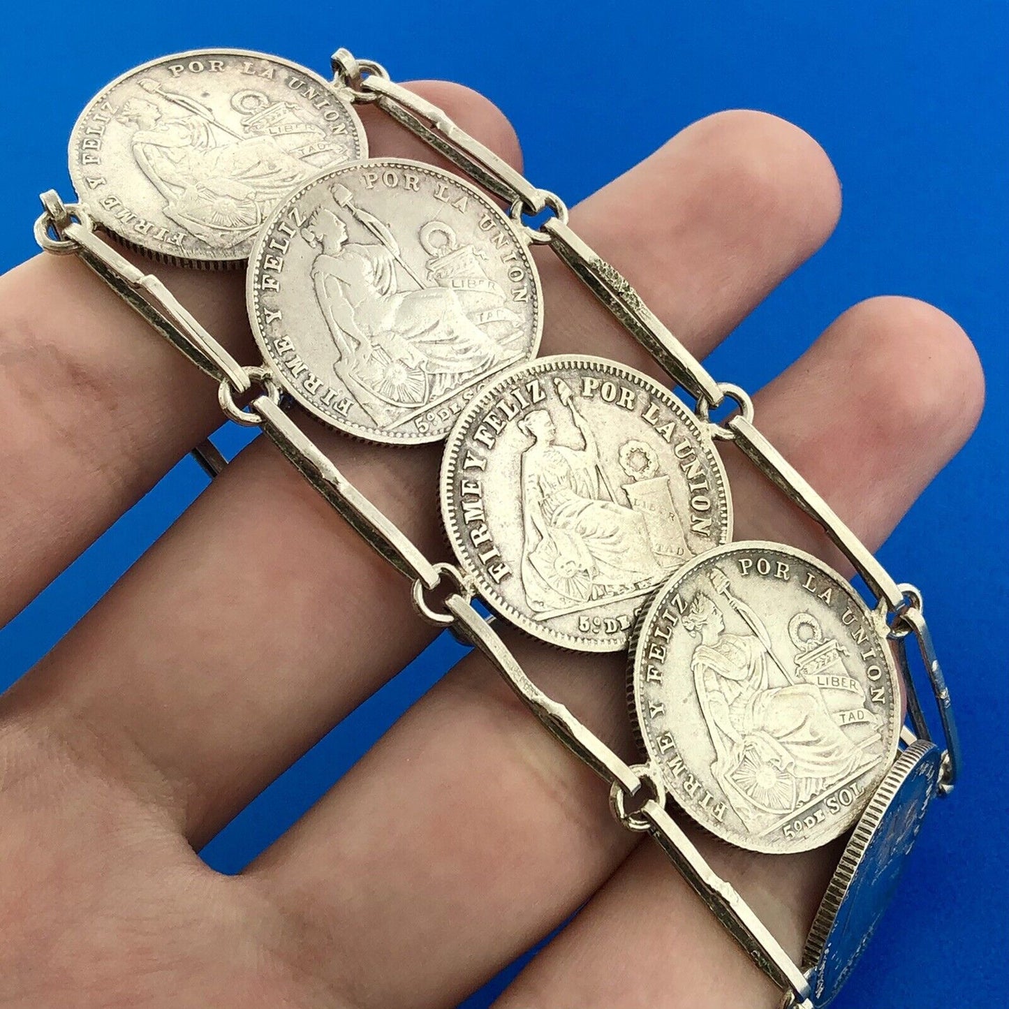 Vintage 925 Sterling Silver 900 Fine Peru 1/5 Sol Eight Coin Panel Bracelet